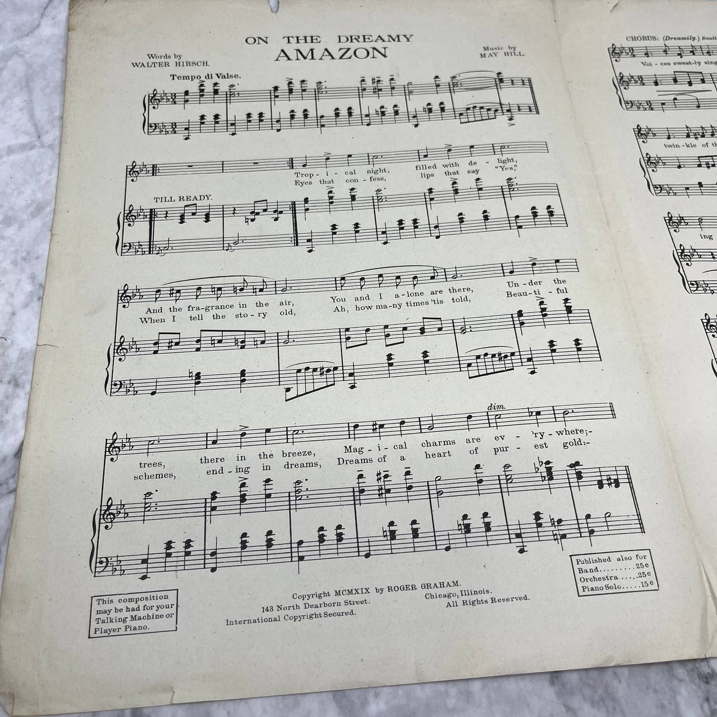 On the Dreamy Amazon May Hill Walter Hirsch 1919 Sheet Music TK2-SM3