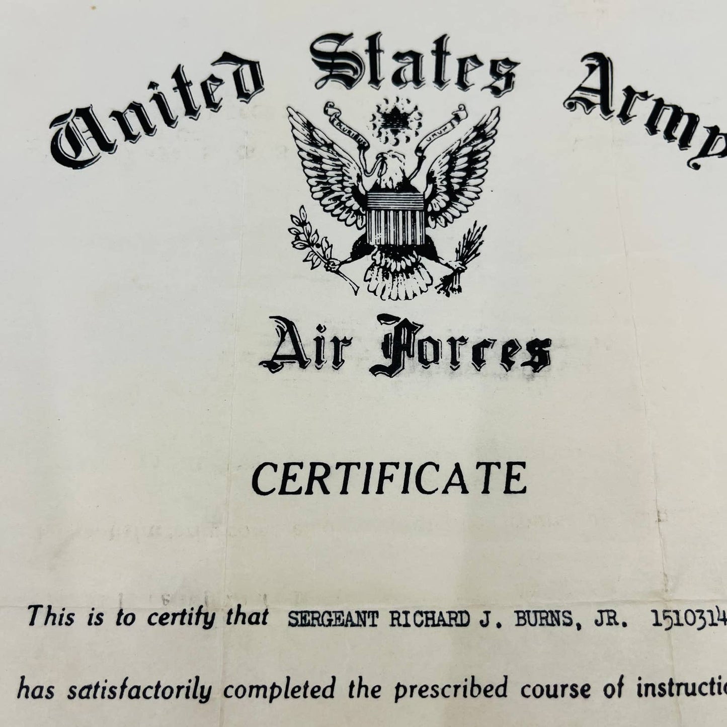 1942 WWII US Air Force Certificate Sgt Richard Burns D-8 Bombsight TD5