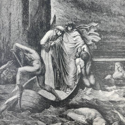 1880s Gustave Dore Engraving Divine Comedy Accosted on the River Styx FL4