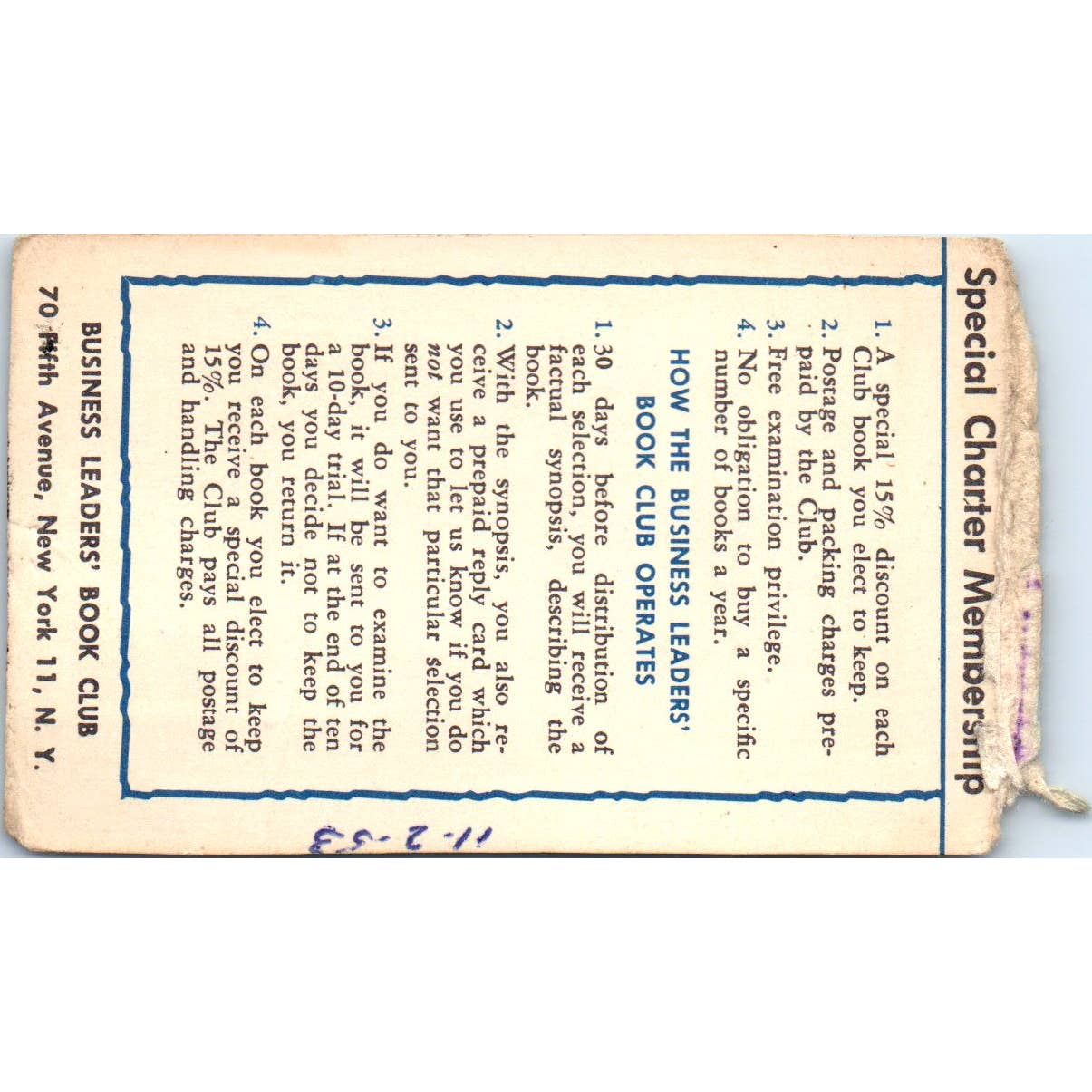 1953 Business Leaders' Book Club Identification Card Carl WK Anderson SE5