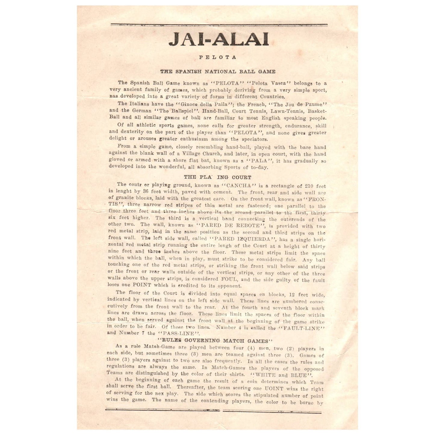 1930 Fronton Jai Alai Flyer Poster Schedule and Rules Concordia Street AD8
