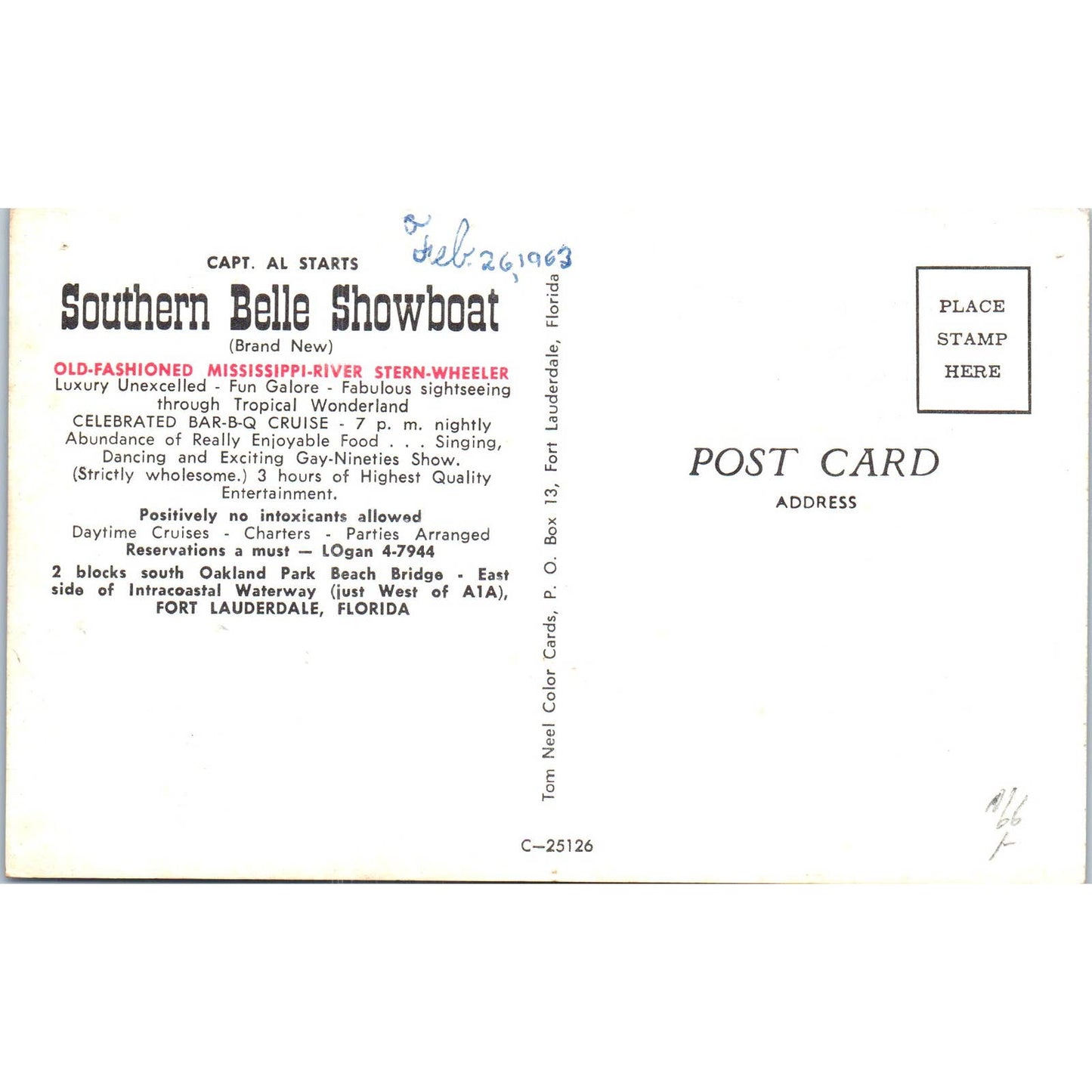 Capt. Al Starts Southern Belle Showboat Ft. Lauderdale 1963 Postcard TK1-P13