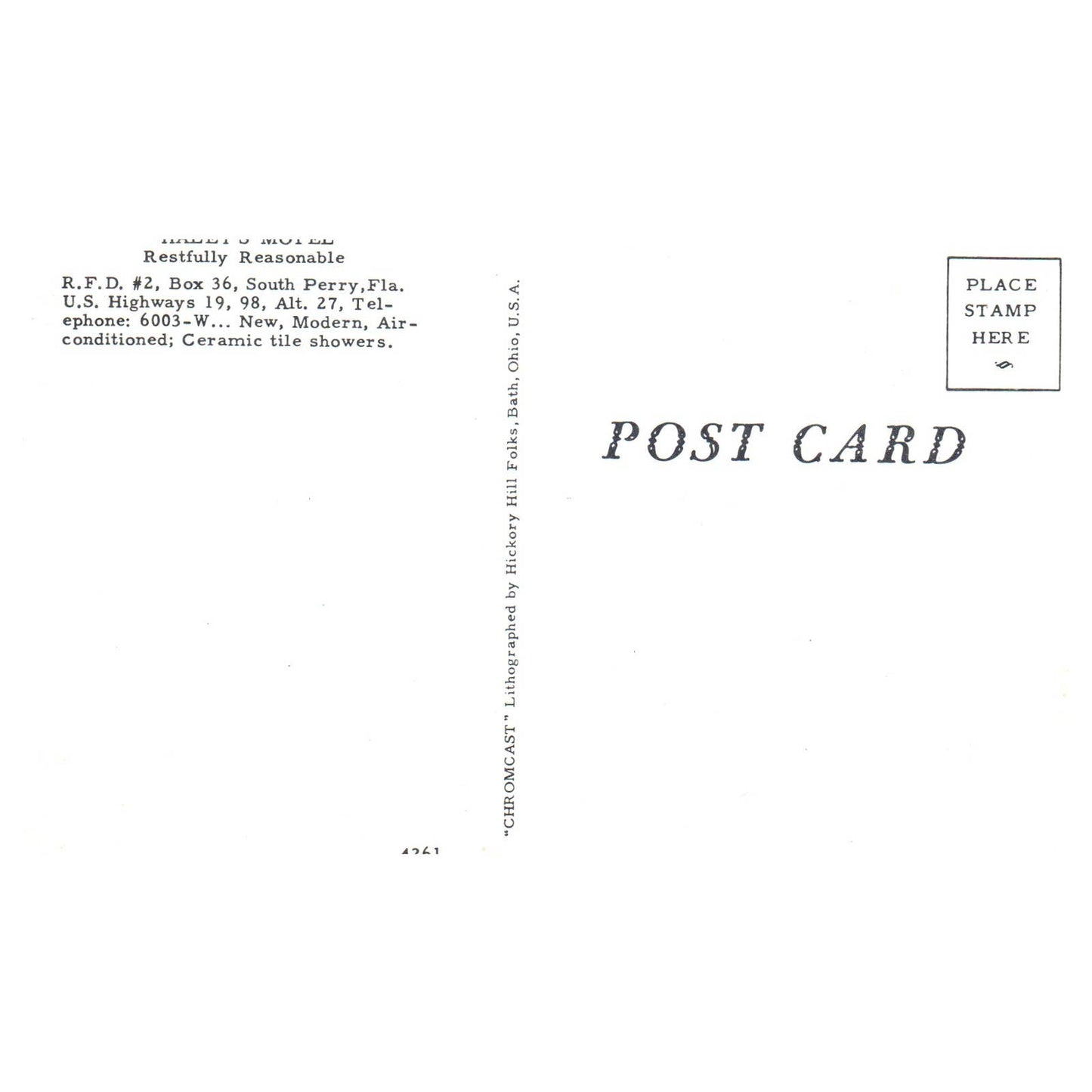 Vintage Postcard - Haley's Motel South Perry Florida AD9