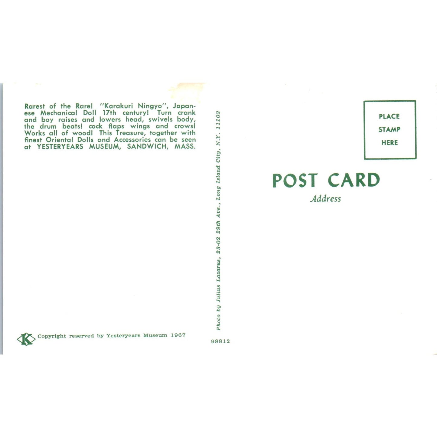 Karakuri Ningyo Japanese Mechanical Doll Yesteryears Sandwich MA Postcard PB4