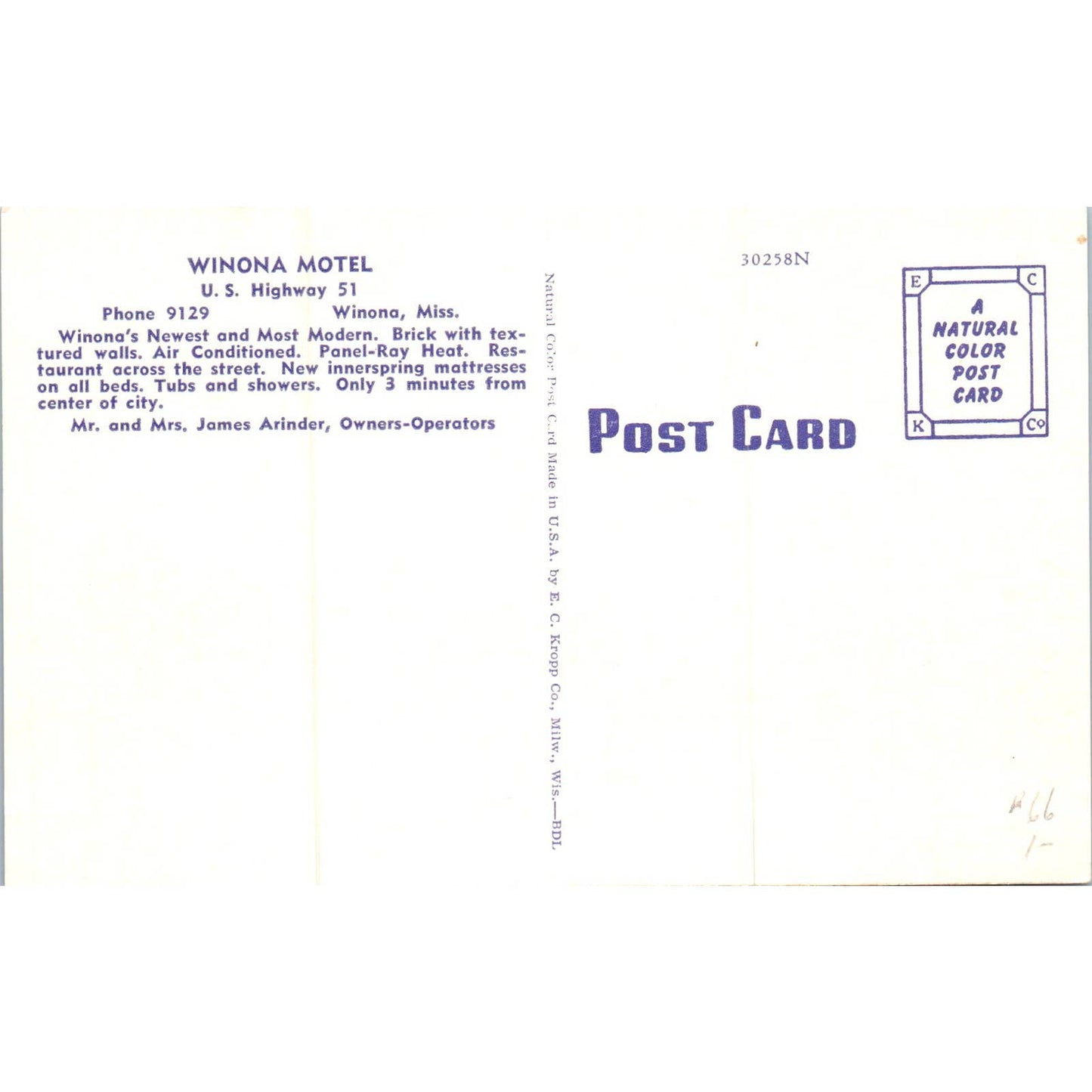 Winona Hotel James Arinder Winona Mississippi Original Postcard TK1-P19