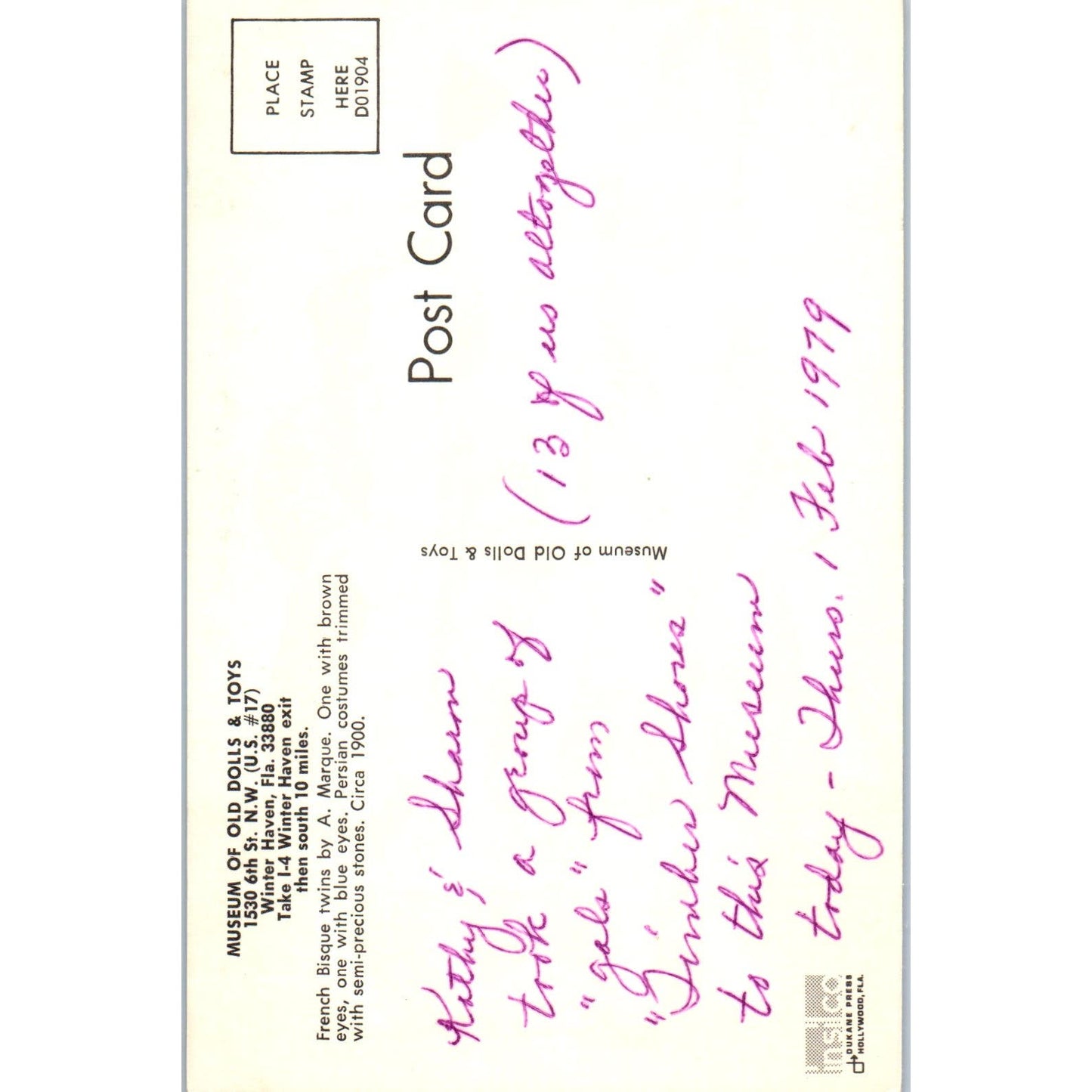 French Bisque Twin Dolls Museum of Old Dolls & Toys Winterhaven FL Postcard PB8