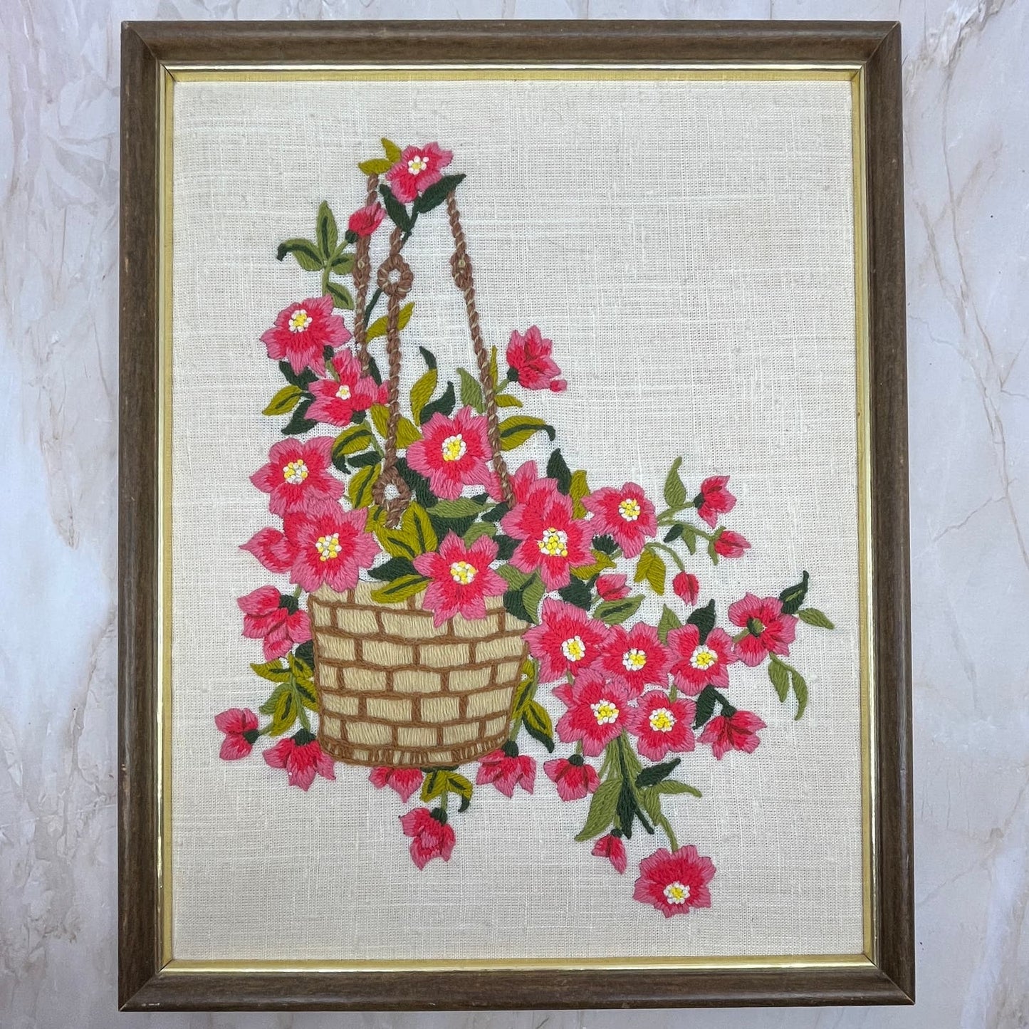 1970s Embroidery Crewel Wall Art Basket Of Pink Flowers Peonies 14.5x11.75"