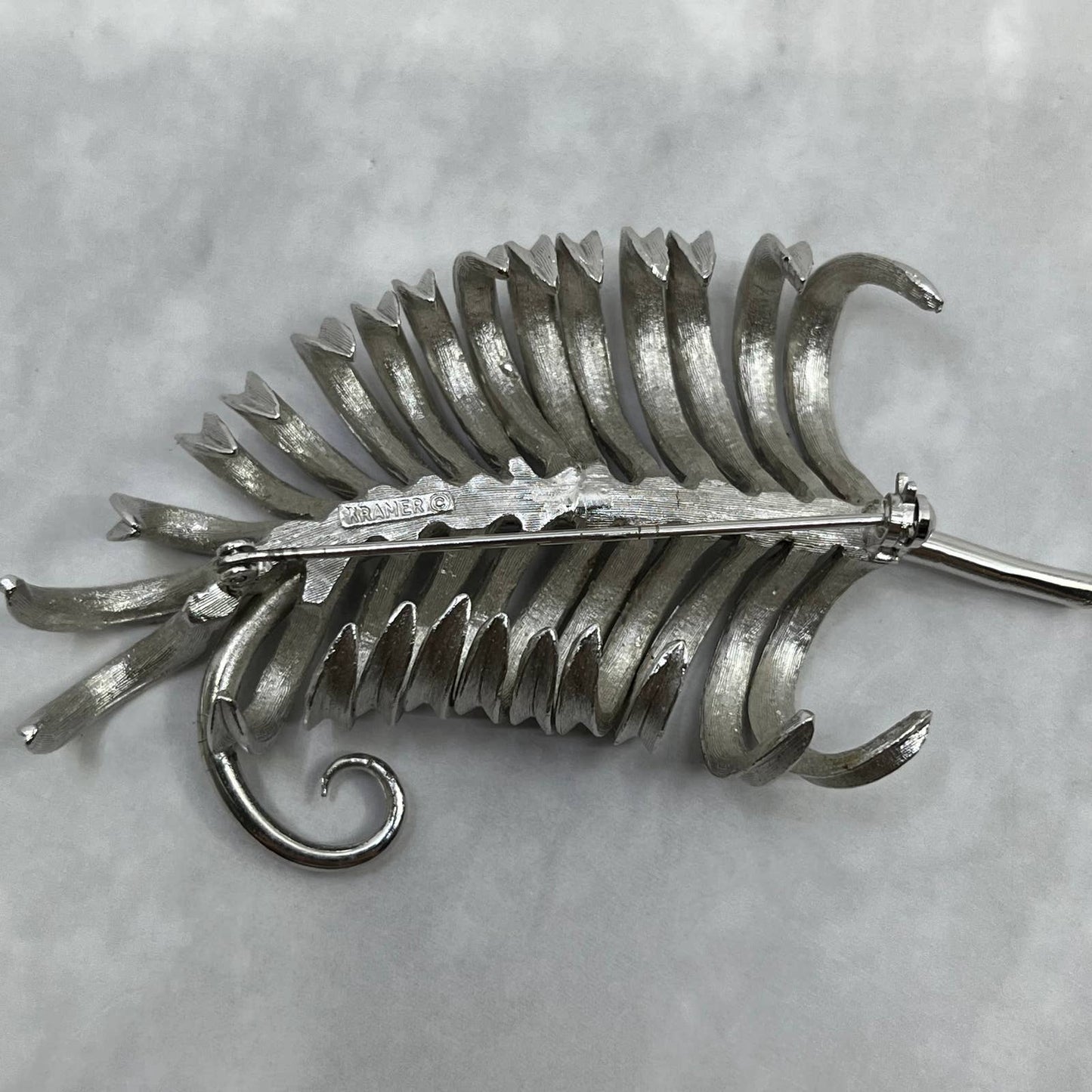 Vintage Brooch Kramer of New York Scrolled Leaf Silver Tone Signed 3” SE6