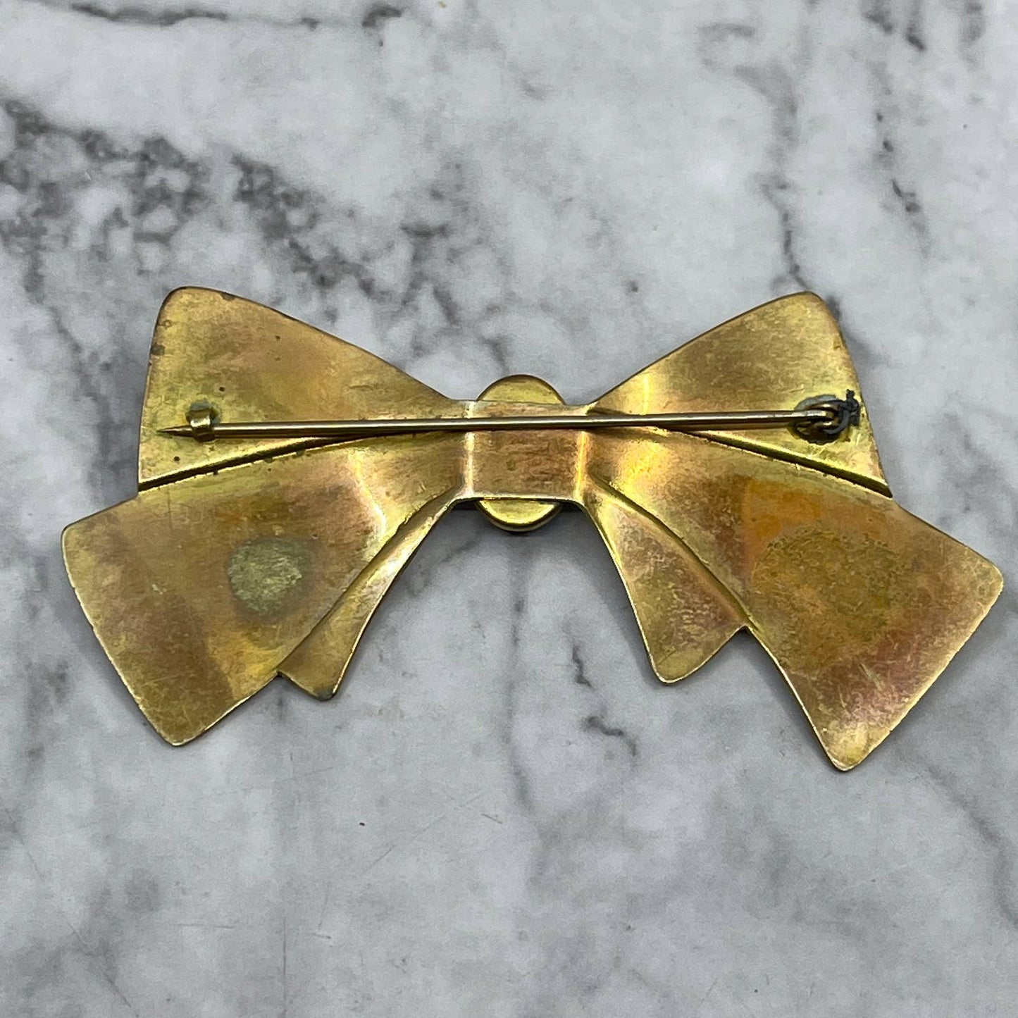 Vintage MCM Blue Glass & Brass Bow Pin Brooch 3” SE7