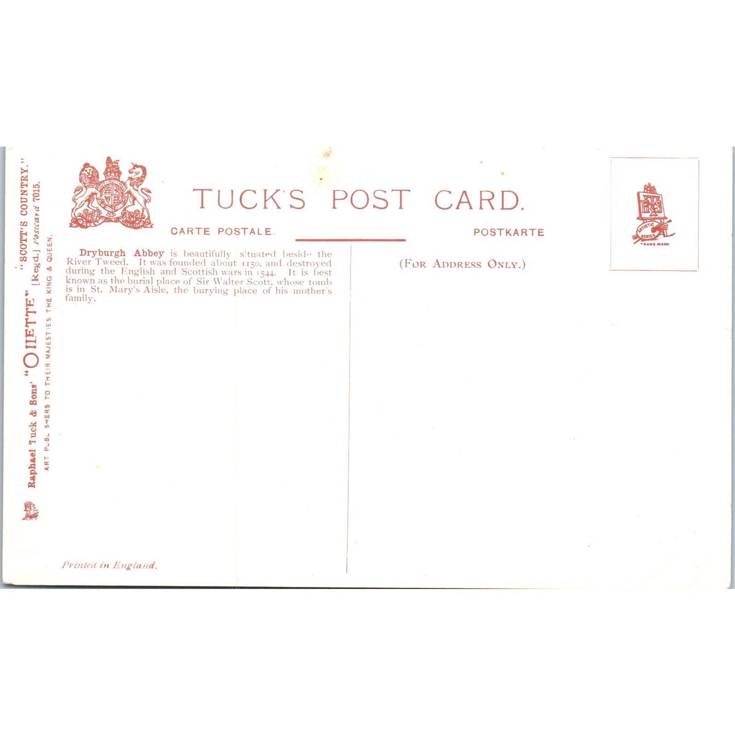 Scott's Country Dryburgh Abbey Raphael Tuck Oilette Original Postcard TK1-P17