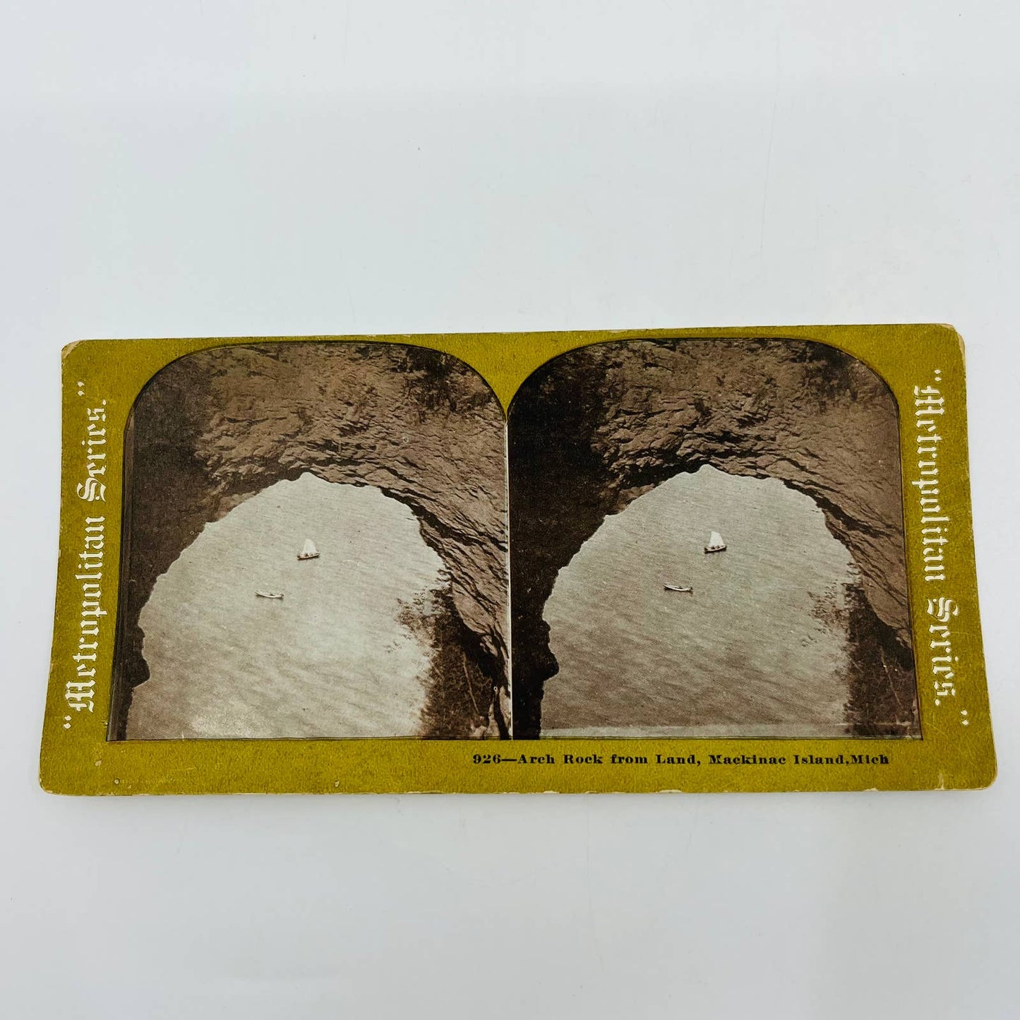 c1900 Stereoview Card Arch Rock Mackinac Island Michigan Sailboat & Canoe