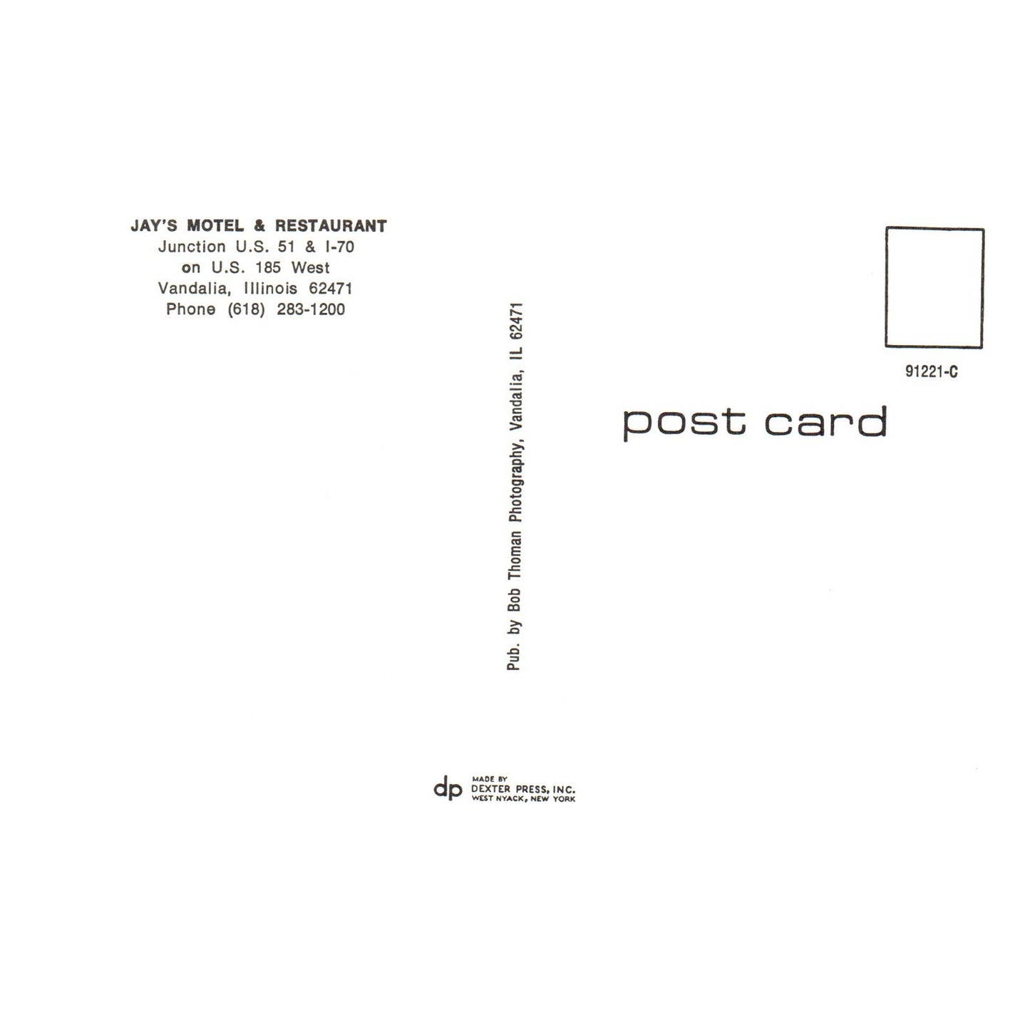 Vintage Postcard - Jay's Motel & Restaurant Vandalia Illinois TJ7-1