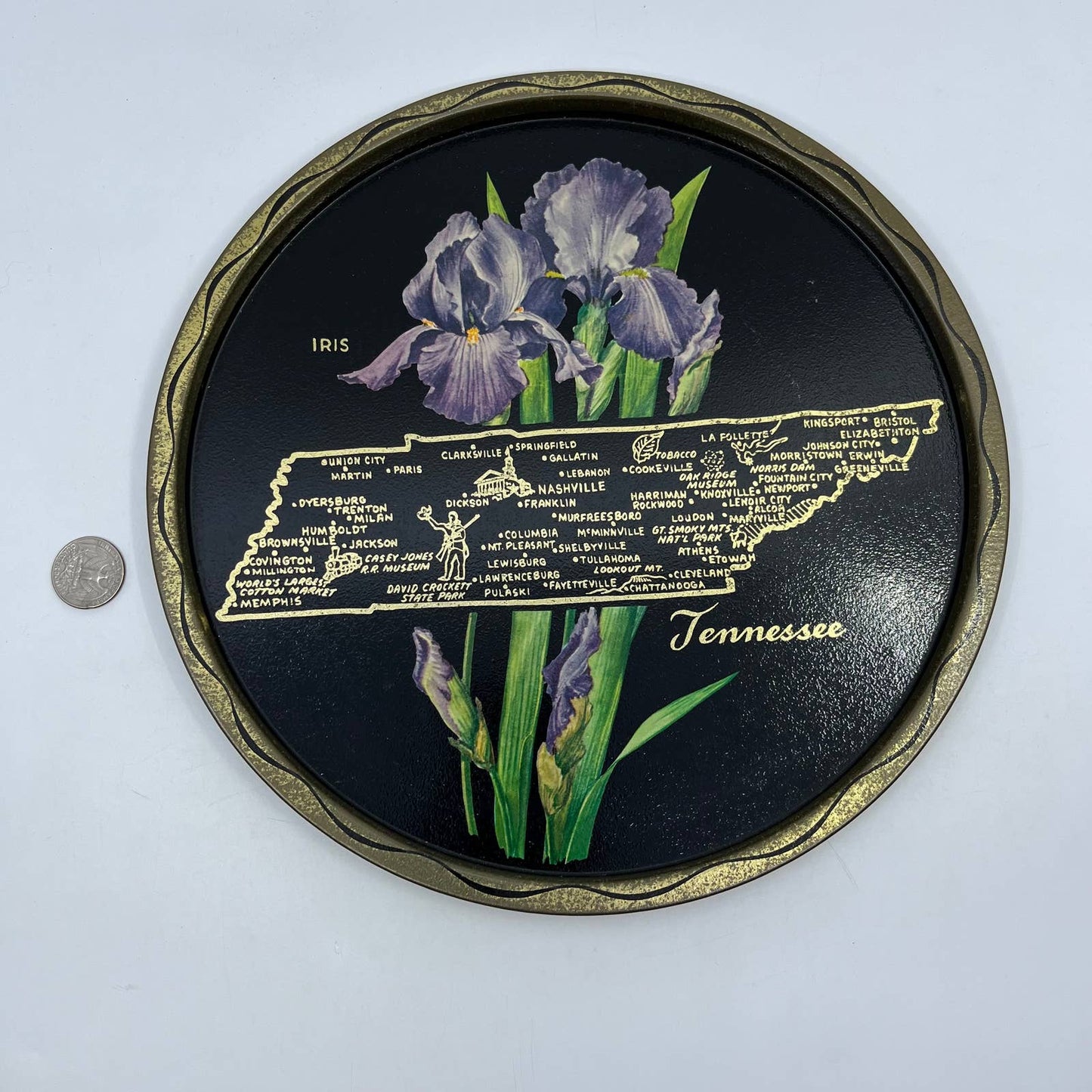 Vintage Black & Gold Metal State Souvenir Plate Tray Tennessee 11” TH2