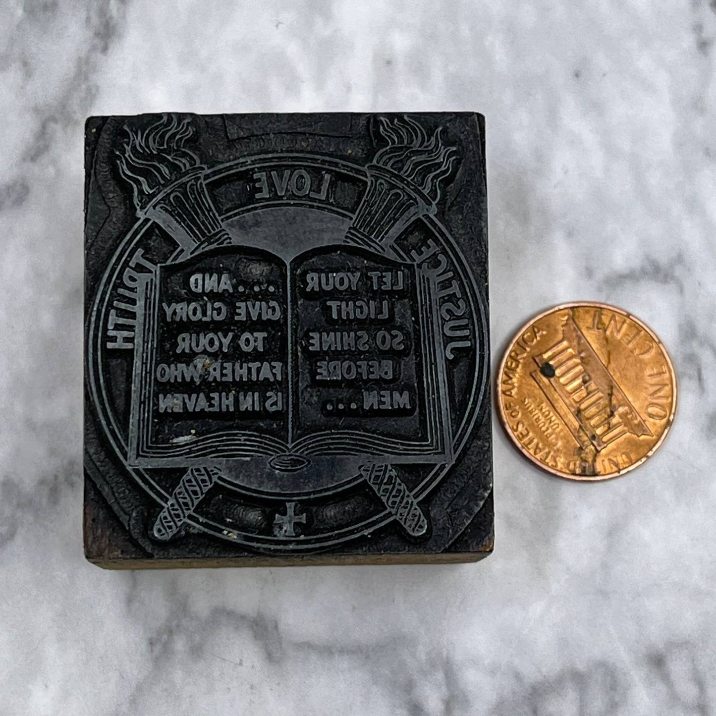 Vintage Letterpress Printers Block Plate Matthew 5:16 Truth Love Justice TJ514