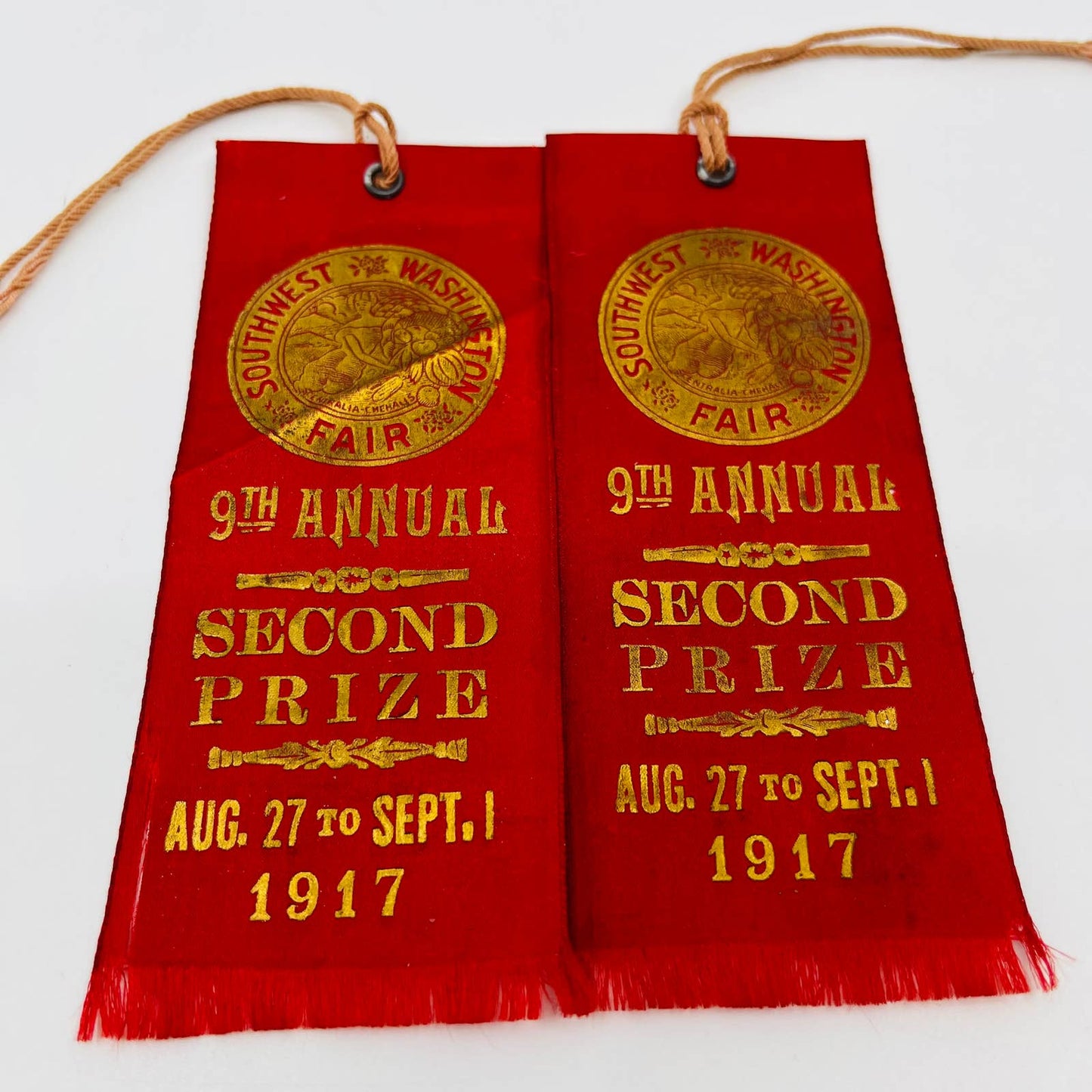 1917 Southwest Washington Fair Second Prize Red Ribbon Set of 2 SC2