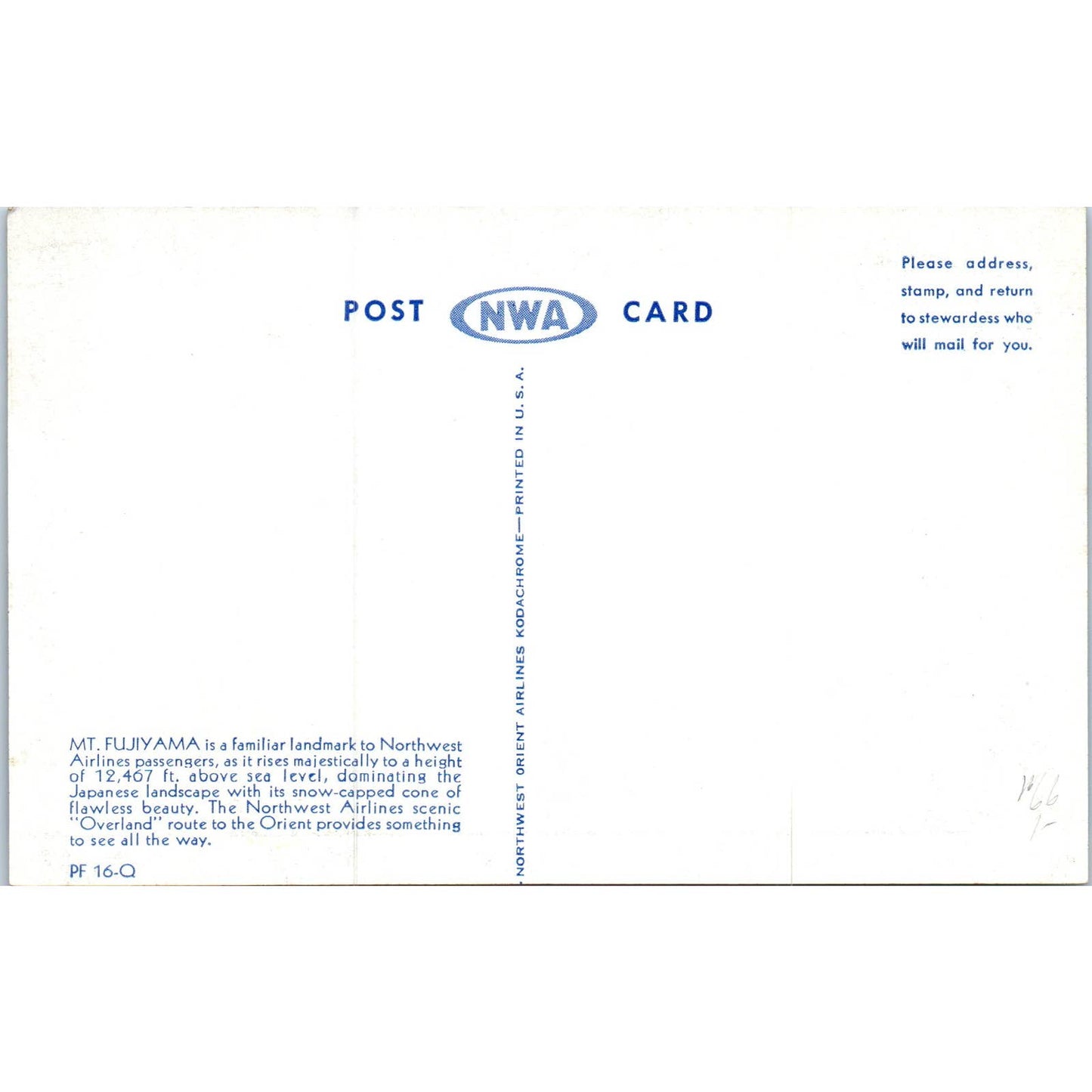 Mt. Fuji From Hakone Lake Northwest Orient Airlines Original Postcard TK1-P20