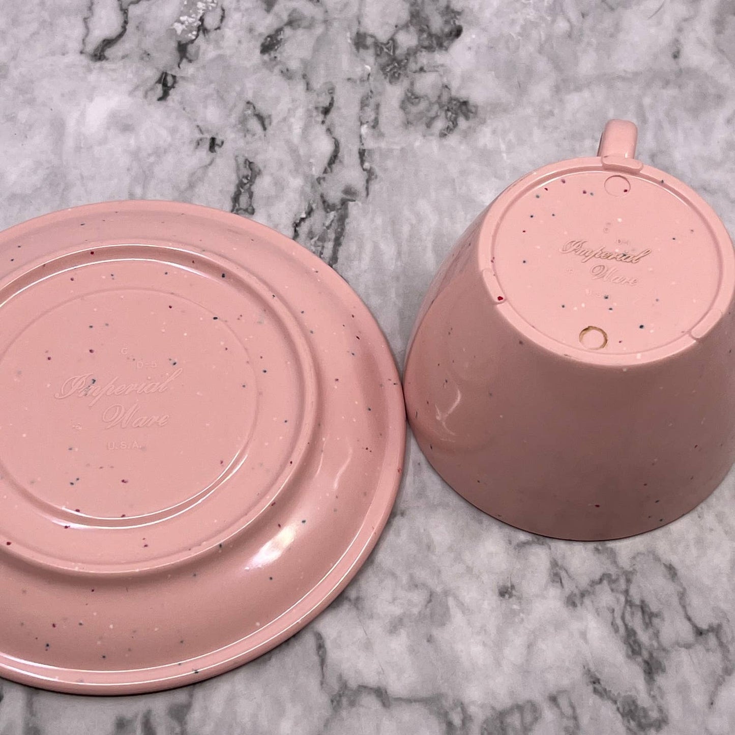 Imperial Ware Speckled Confetti Pink MCM Cup & Saucer Melmac Malamine TA3-1
