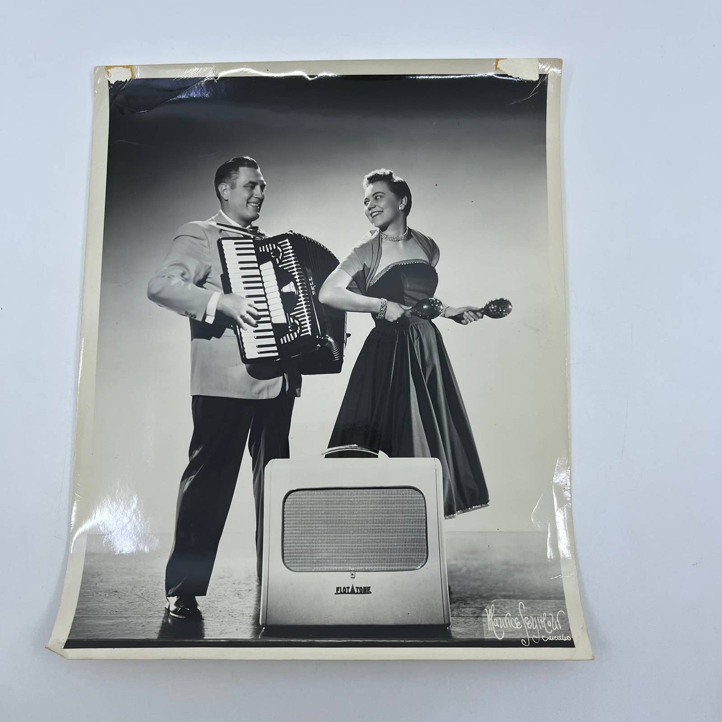 1940s Man & Woman Playing Accordion & Maracas Photograph 8x10" AB8