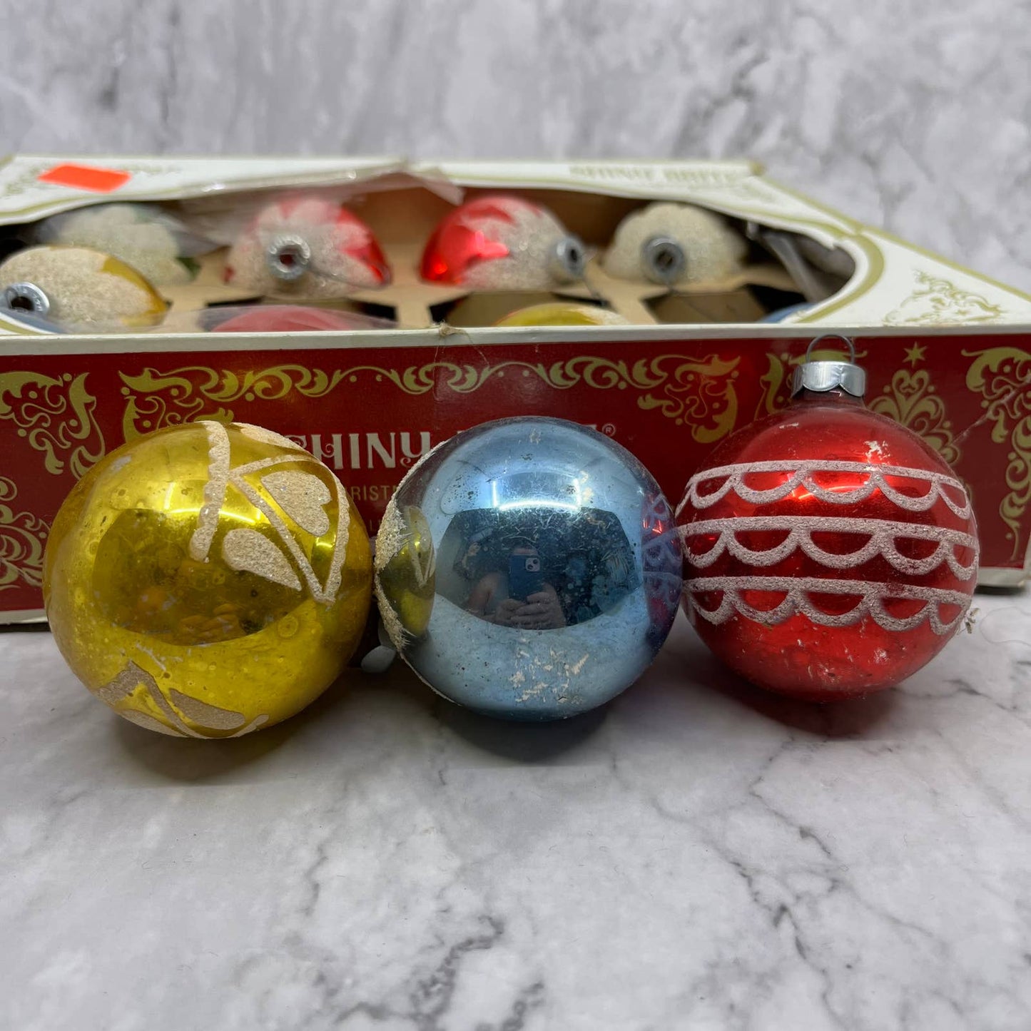 12 Pc. Shiny Brite Christmas Flocked Glass Ornaments Red Blue Gold Green In Box