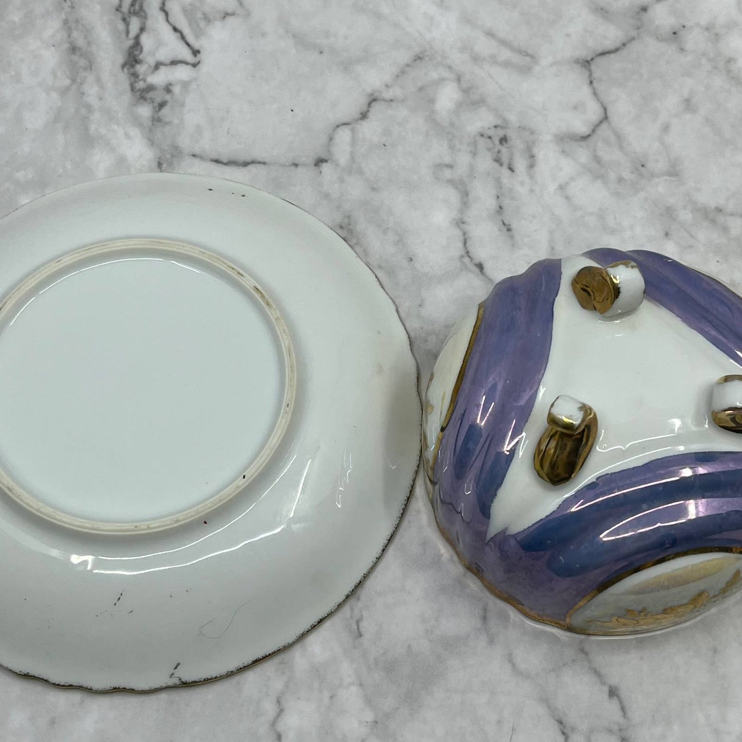 Footed Teacup & Saucer Iridescent Gold Flowers & Trim Purple/Blue Accents TA7