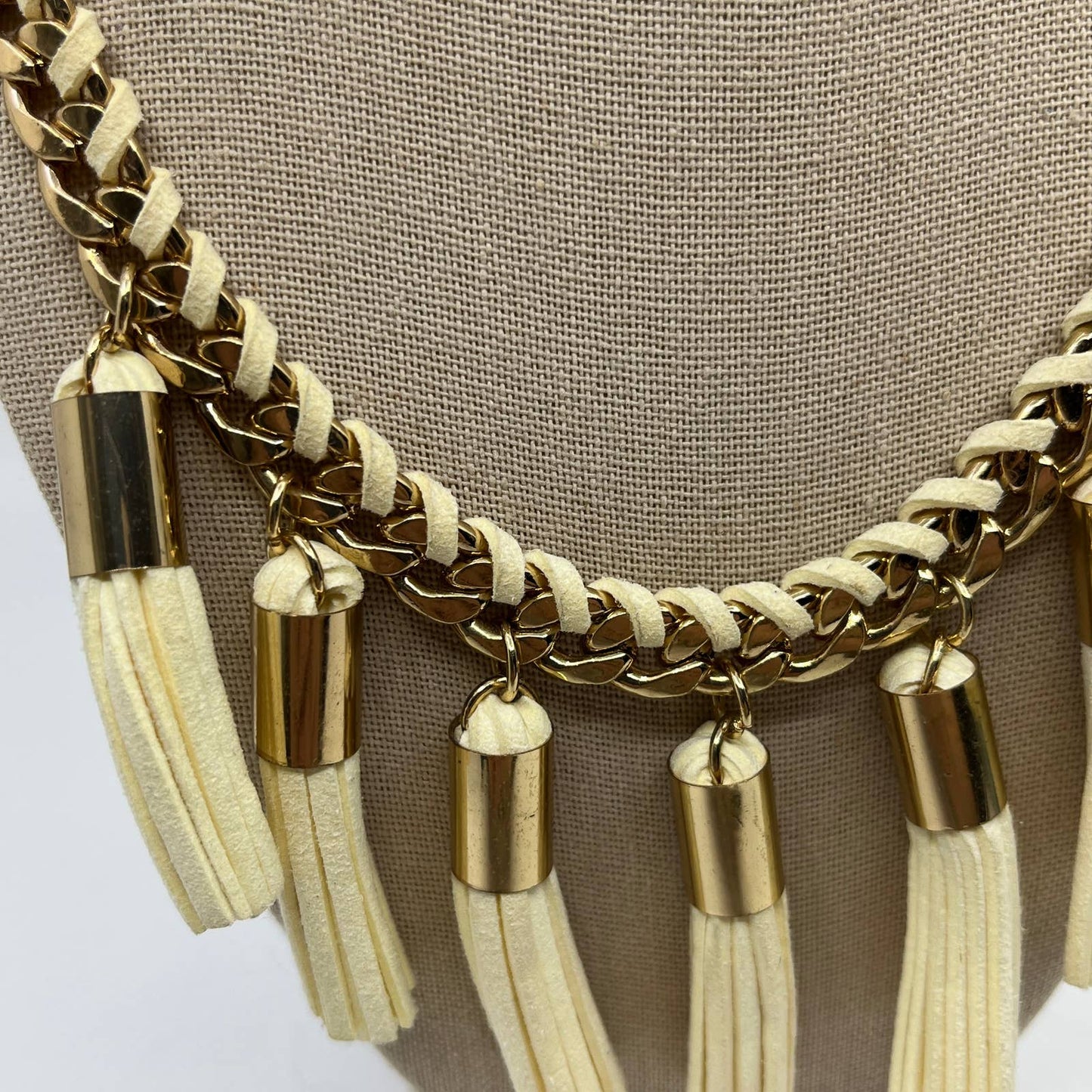 Vtg Western Boho Charming Charlie Necklace Tassels Leather Gold Tone 9.25" SD5