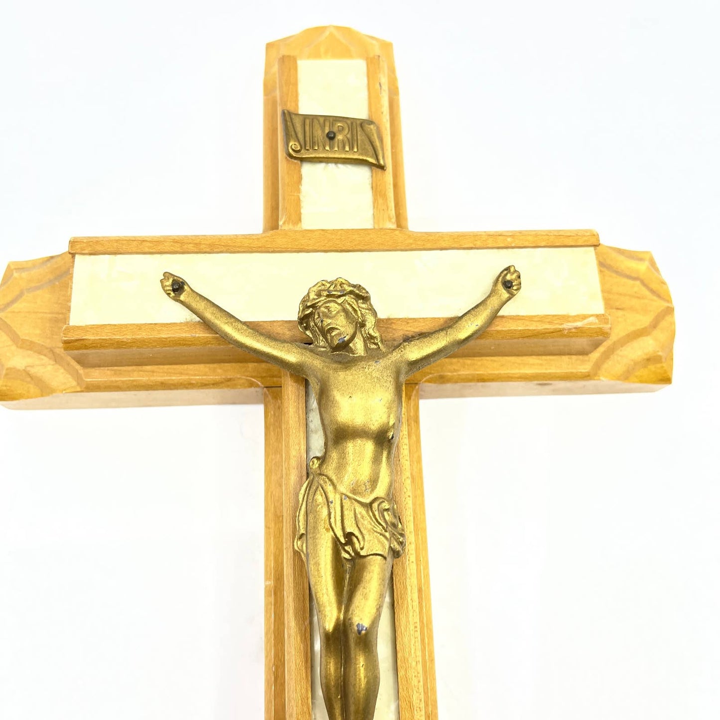 Vintage Last Rites Crucifix Solid Wood Maple Cross Mother of Pearl Inlay 13” TG4