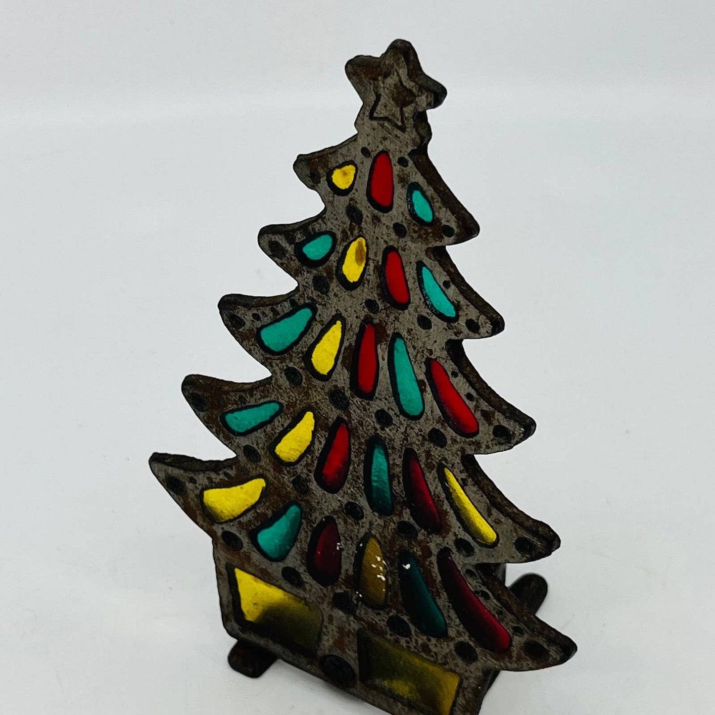 Retro 1970s Stained Glass Metal Christmas Tree Votive Candle Holder 7.5" TC9
