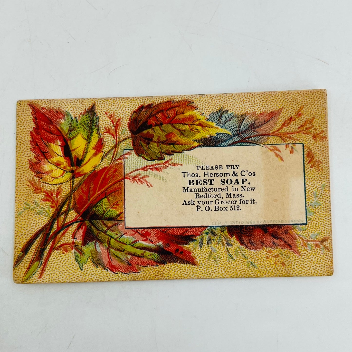 1880 Victorian Trade Card Autumn Thos Hersom & C’os BEST SOAP Bedford MA SAH9-S8