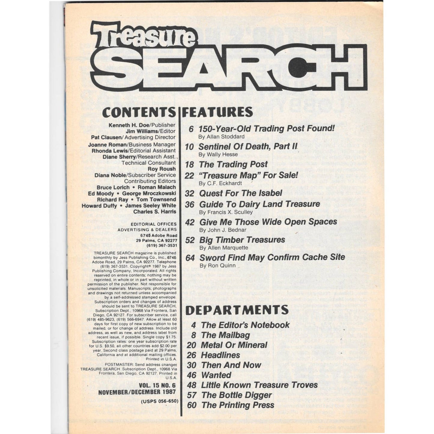 Treasure Search Magazine 1987 Nov/Dec Metal Detecting Gold Diamonds M2