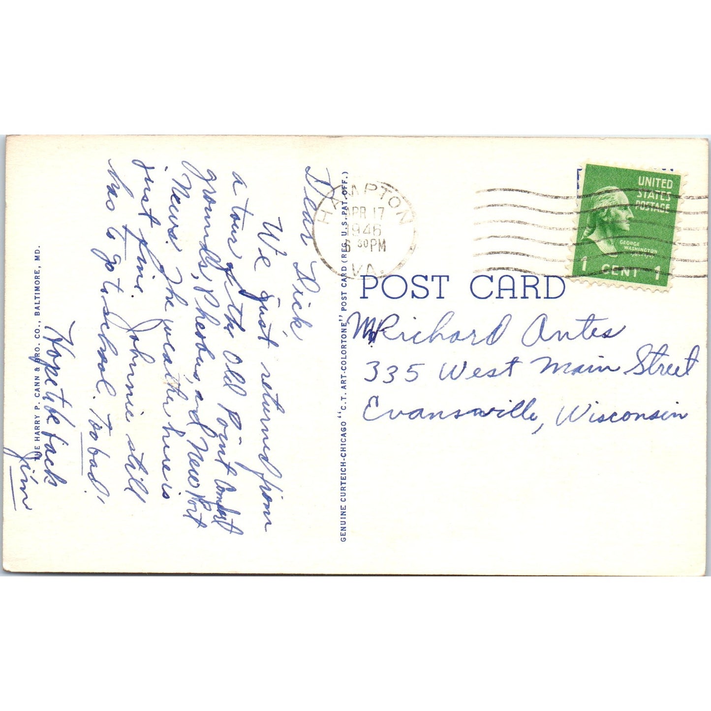 Langley Field VA Hospital 1946 Original Postcard P3-3
