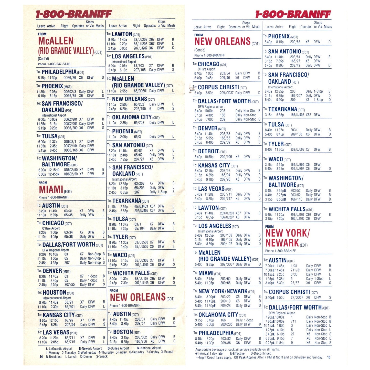 1984 Braniff MK LI Inaugural System Schedule Timetable Brochure SE4