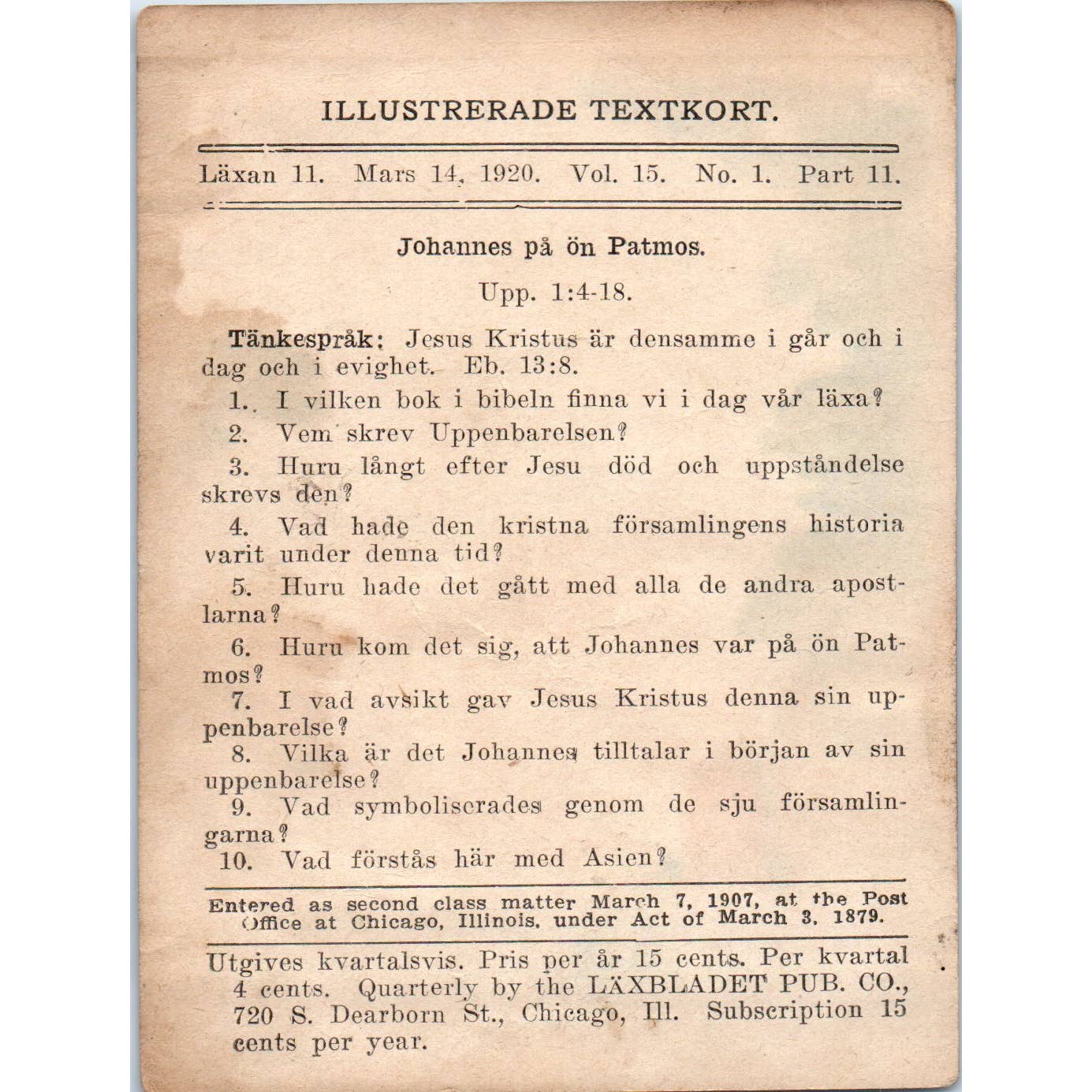 1920 GERMAN Lesson Card Jesus Christ The Same Yesterday Today & Forever SE5