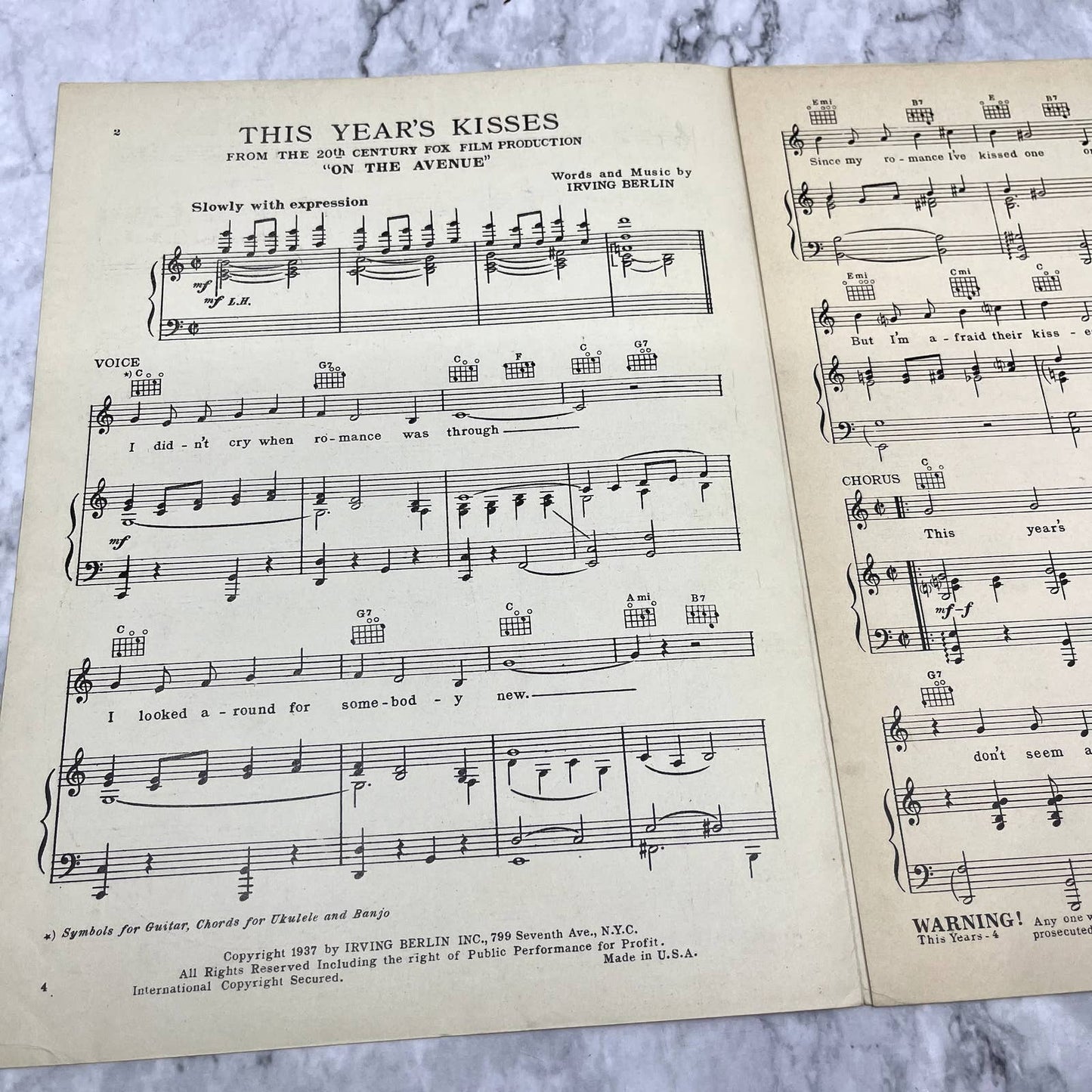 Irving Berlin's On the Avenue Musical Score 1937 Sheet Music TK2-SM