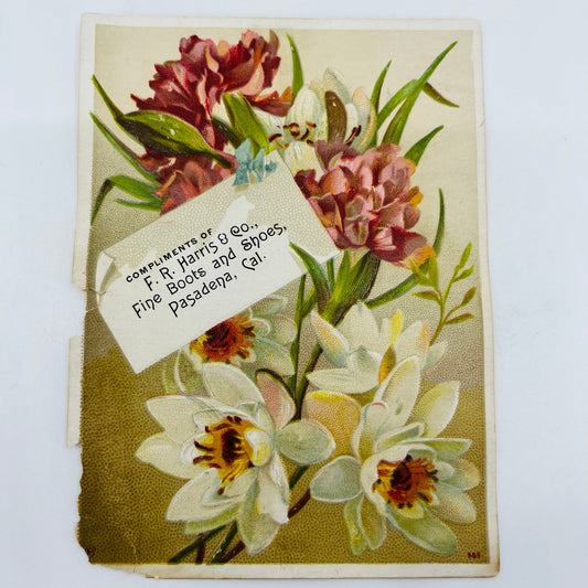 1880s Victorian Trade Card F.R Harris Boots & Shoes Pasadena CA Embossed SAH9-H7
