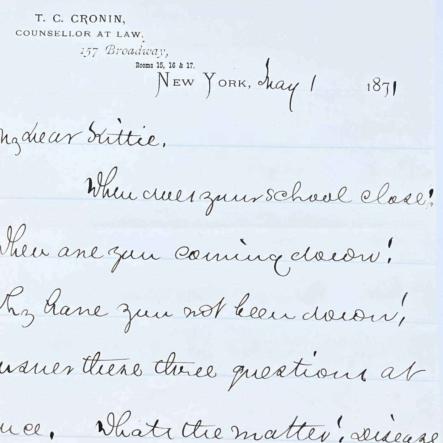 1871 Letterhead T.C. Cronin Counselor at Law 157 Broadway New York AC1
