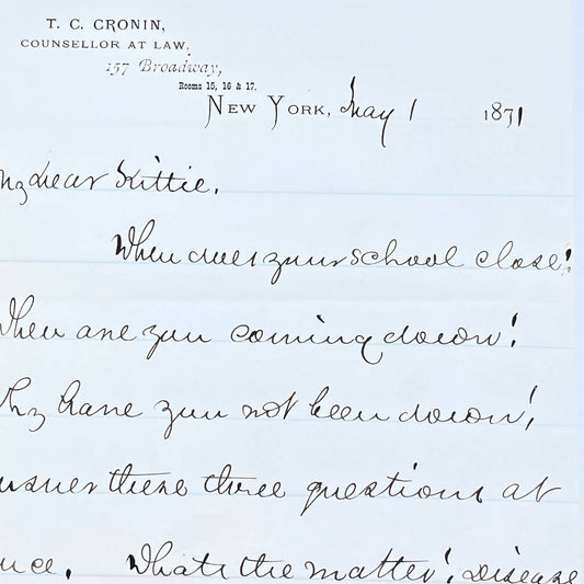 1871 Letterhead T.C. Cronin Counselor at Law 157 Broadway New York AC1