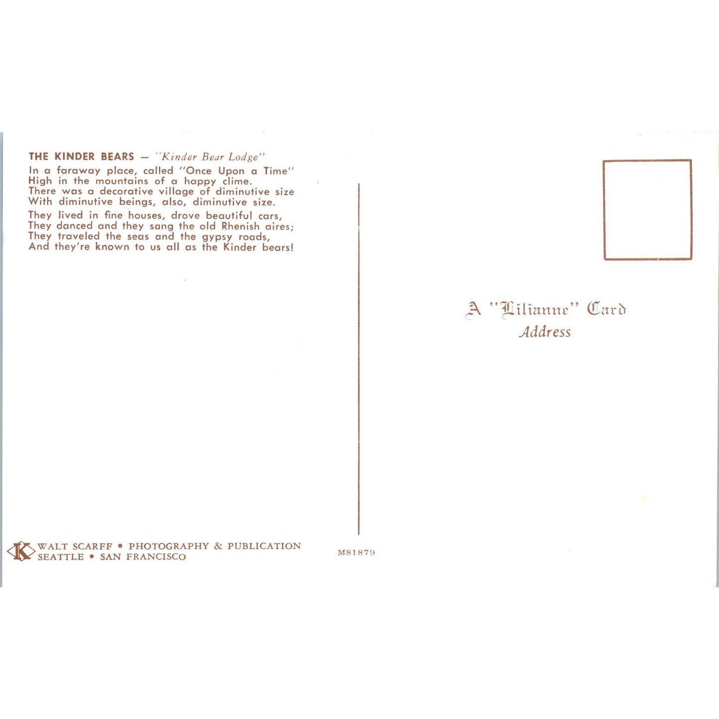 The Kinder Bears Kinder Bear Lodge A Lilianne Card Original Postcard PB1