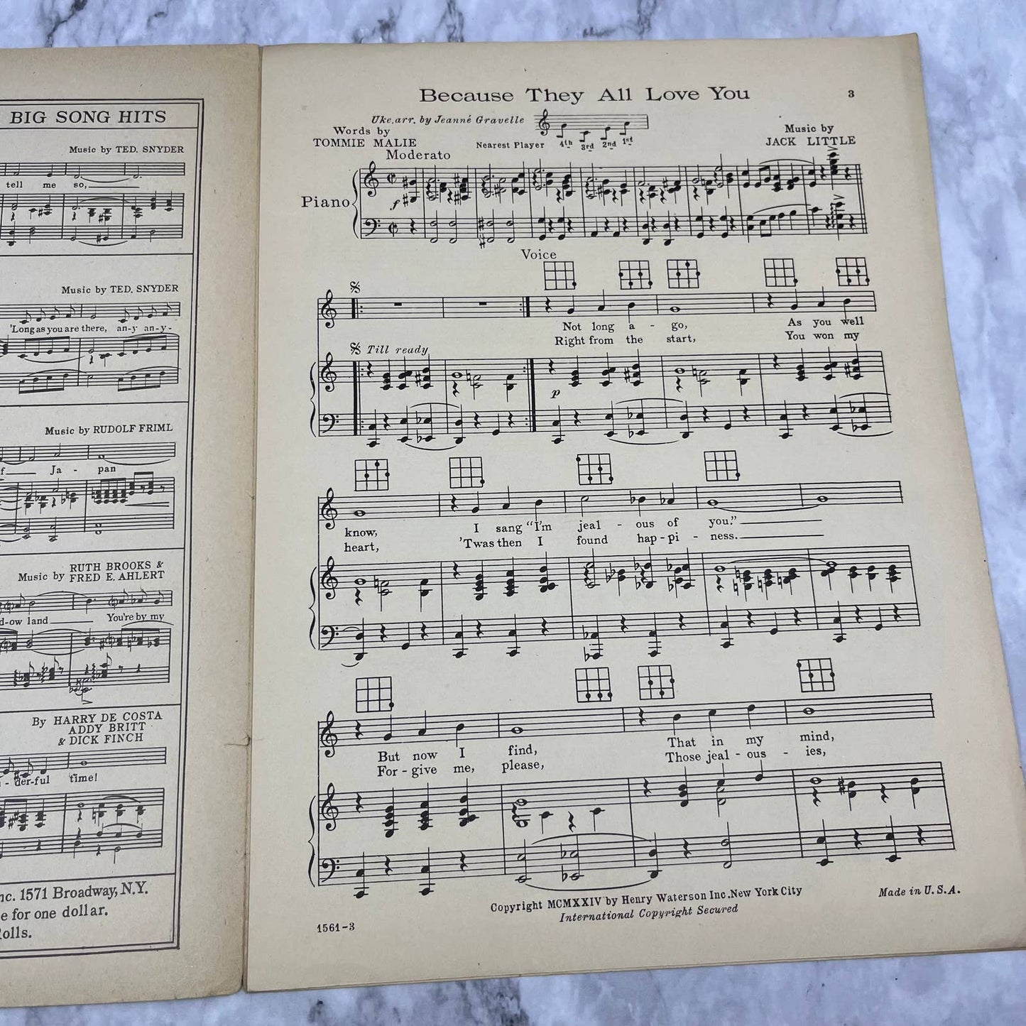 1924 Sheet Music Because They All Love You Tommie Malie Jack Little TH5