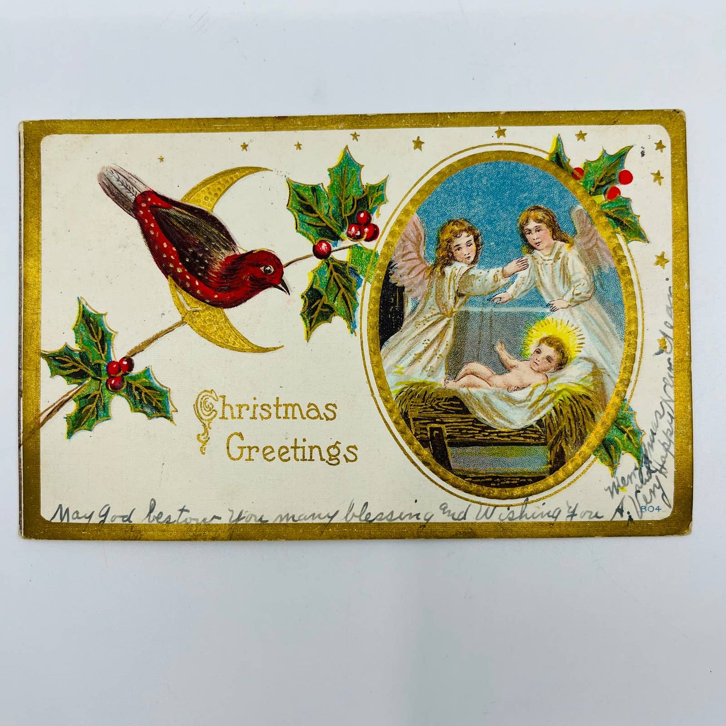 1910s Christmas Post Card Angels Baby Jesus Manger Holly Cardinal Gilt PA4