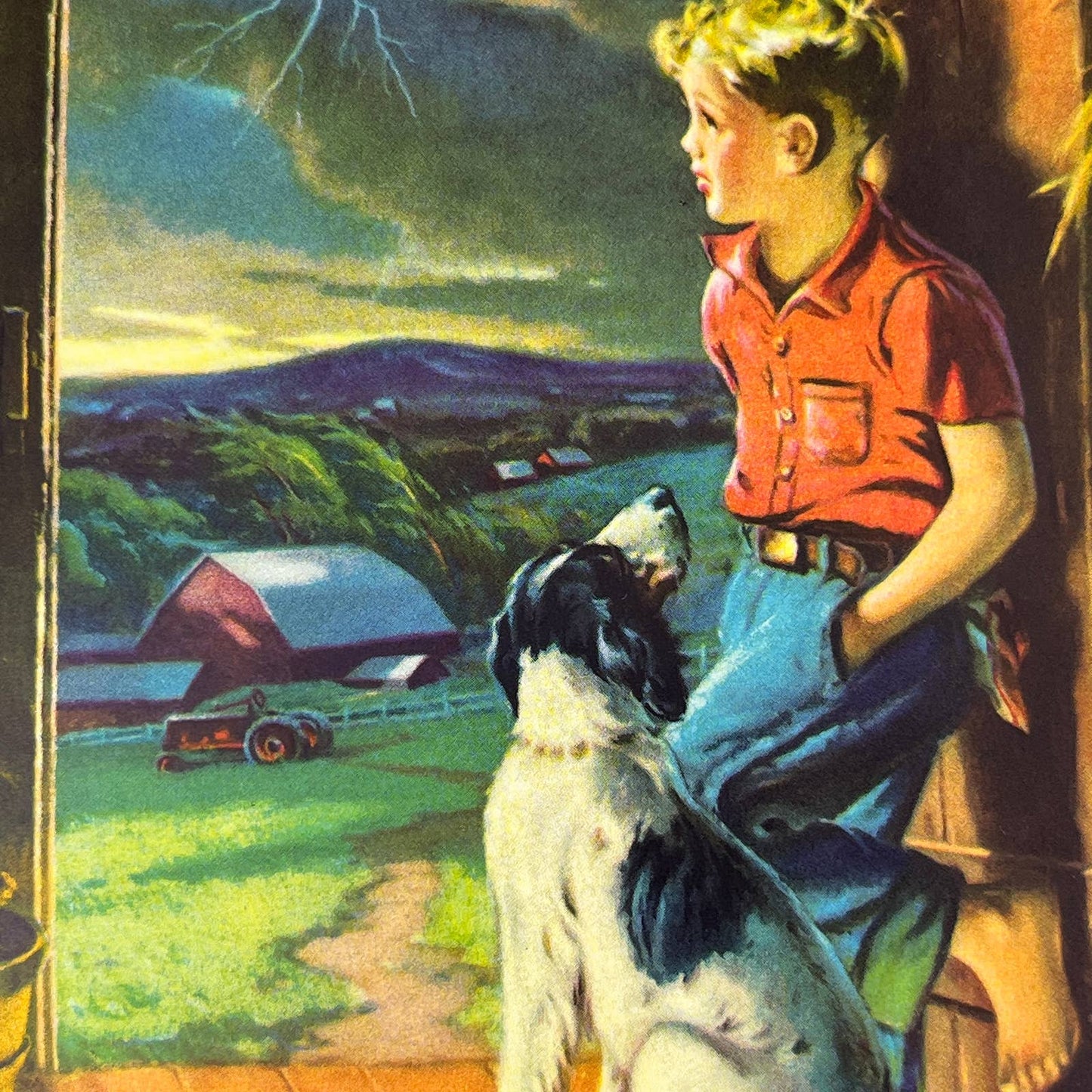 VTG Kitschy Litho Print No Fishing Today Boy in Barn Dog Harold Anderson AC3