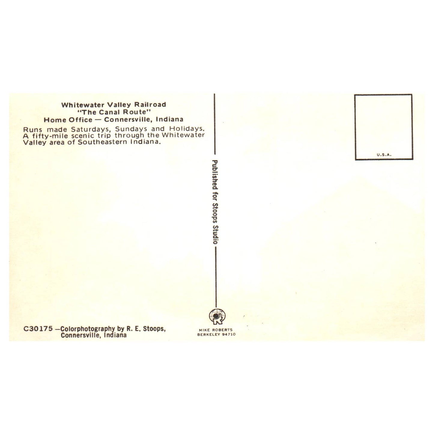 Vintage Postcard - Whitewater Valley Railroad Canal Route Connersville IN AD9