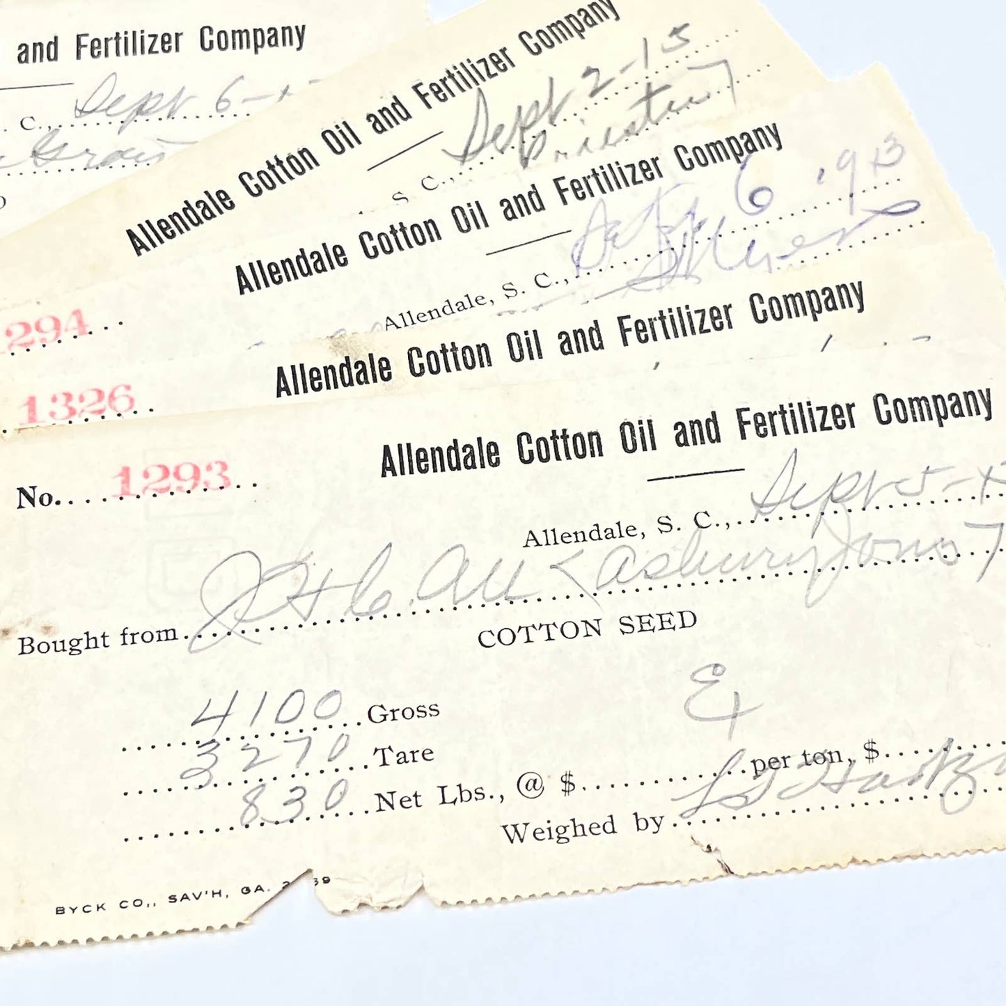 1913 Lot of 8 Billhead Receipts Allendale Cotton Oil and Fertilizer Co. SC AC3