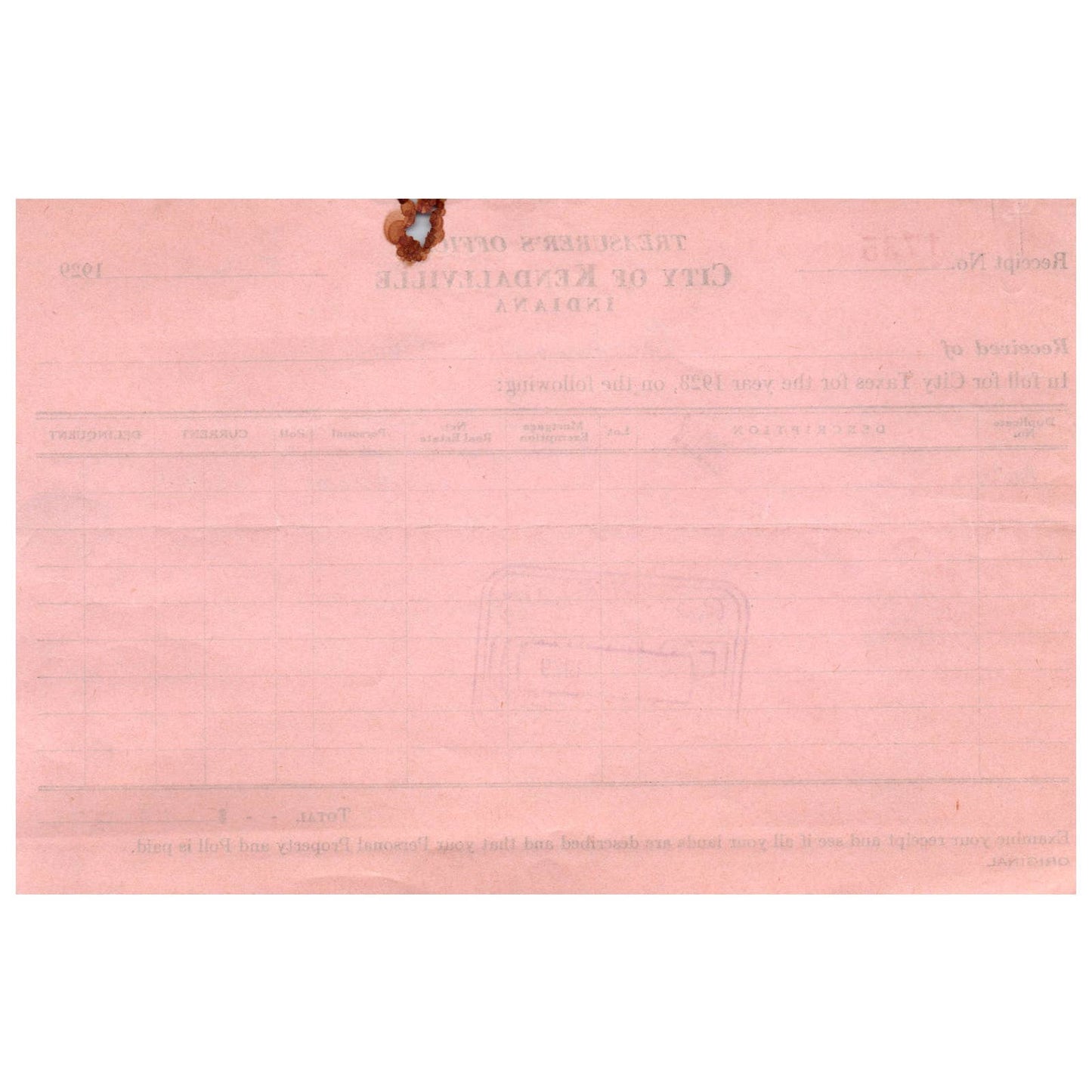 1929 Kendallville IN Noble Cty Treasurer's Office Receipt Beckman & Ron AD8