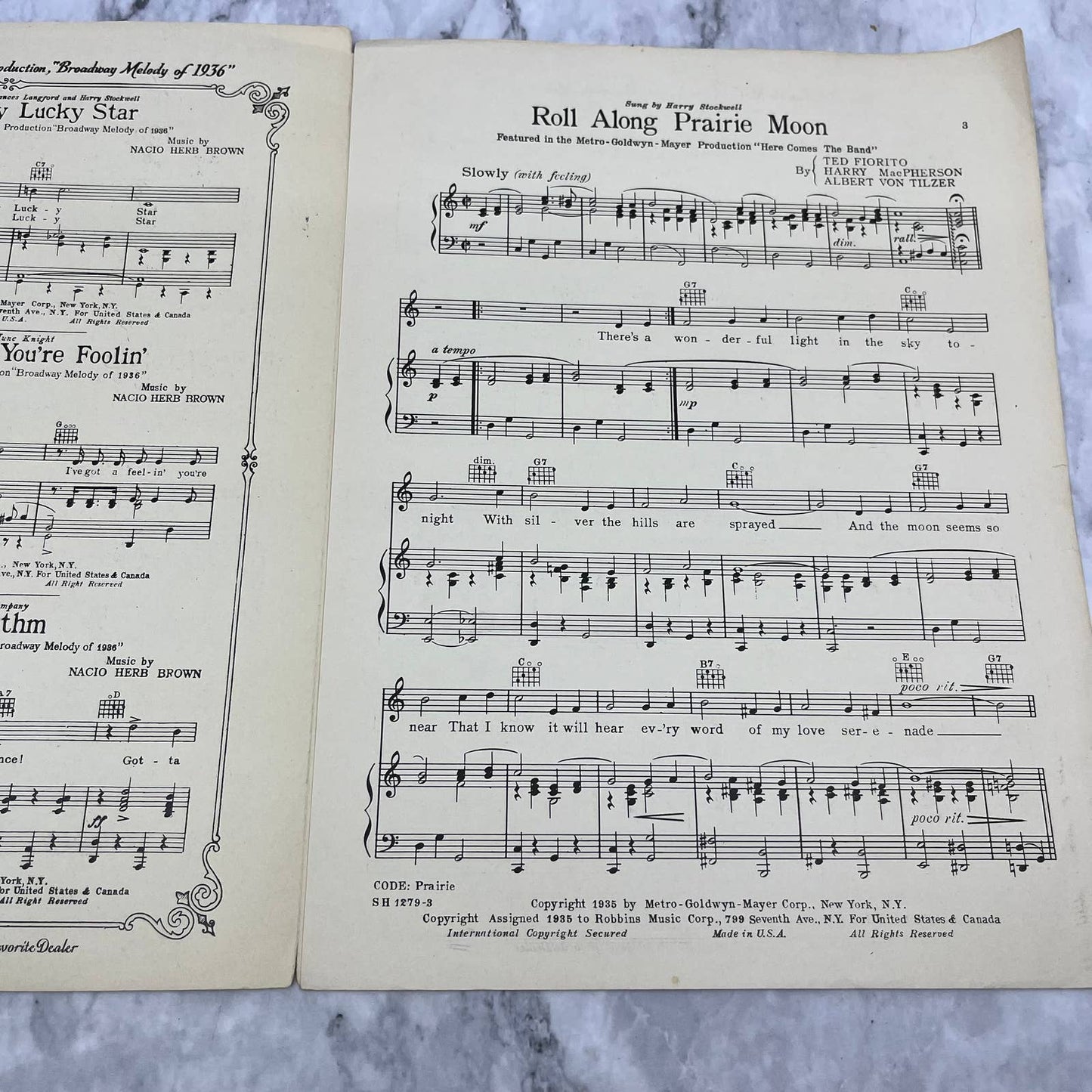 1935 ROLL ALONG PRAIRIE MOON Sheet Music Here Comes the Band Virginia Bruce TH1