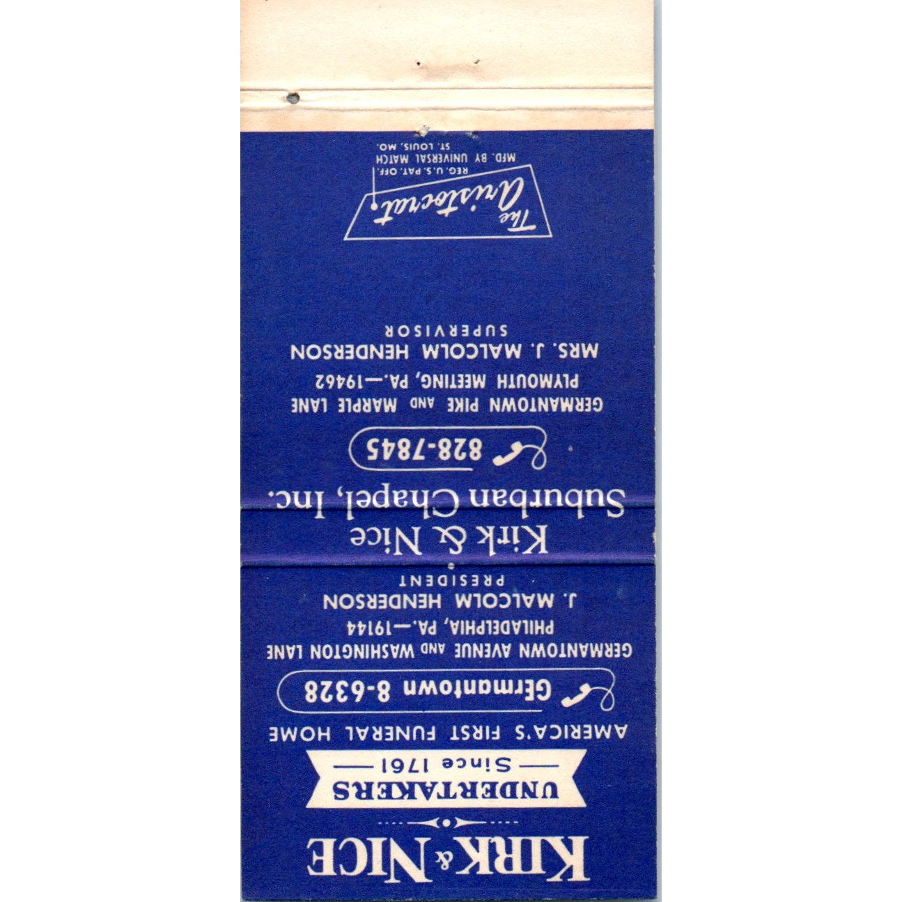 Kirk & Nice Undertakers Germantown Advertising Matchbook Cover MM9-7