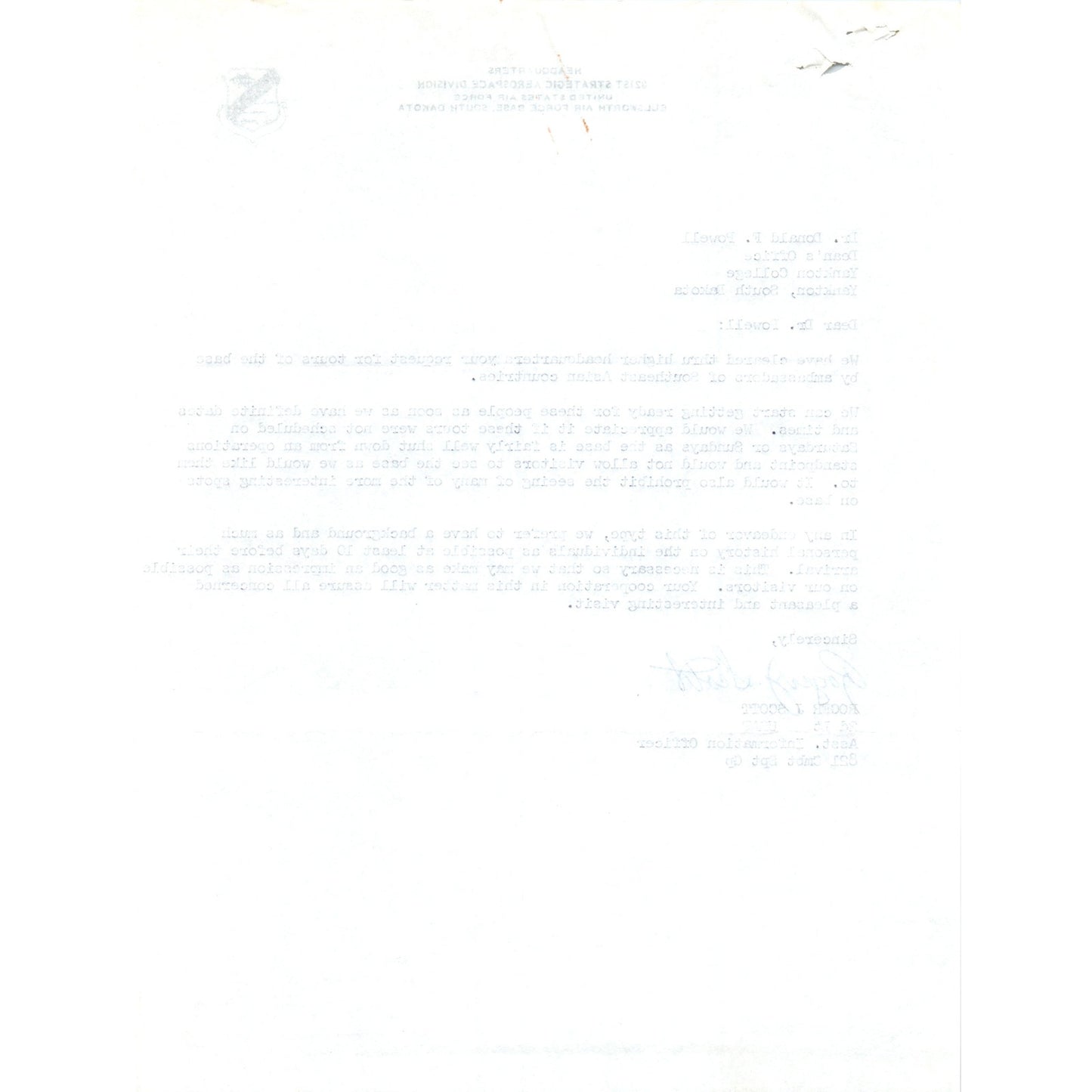 821st Strategic Aerospace Division Letterhead Memo Lt Roger J Scott 1960s B13