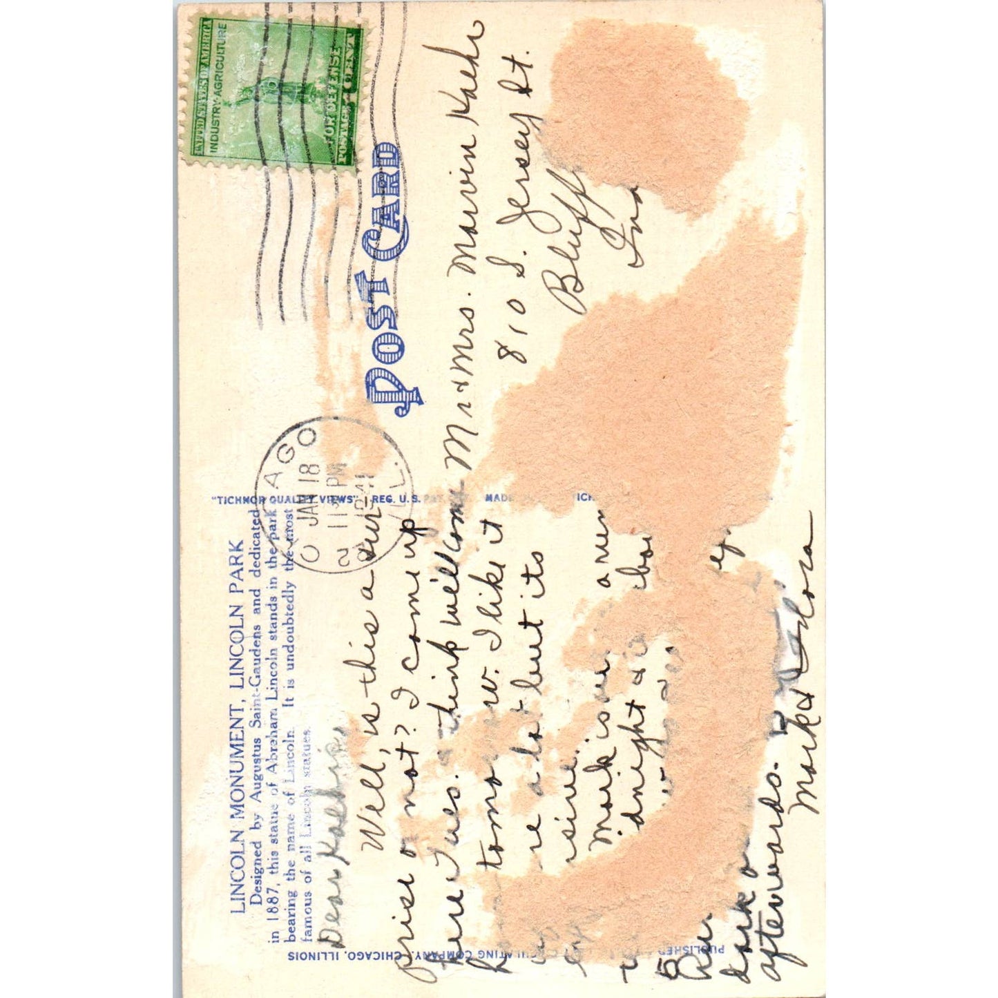 Vintage Postcard Lincoln Memorial Lincoln Park Chicago SF2