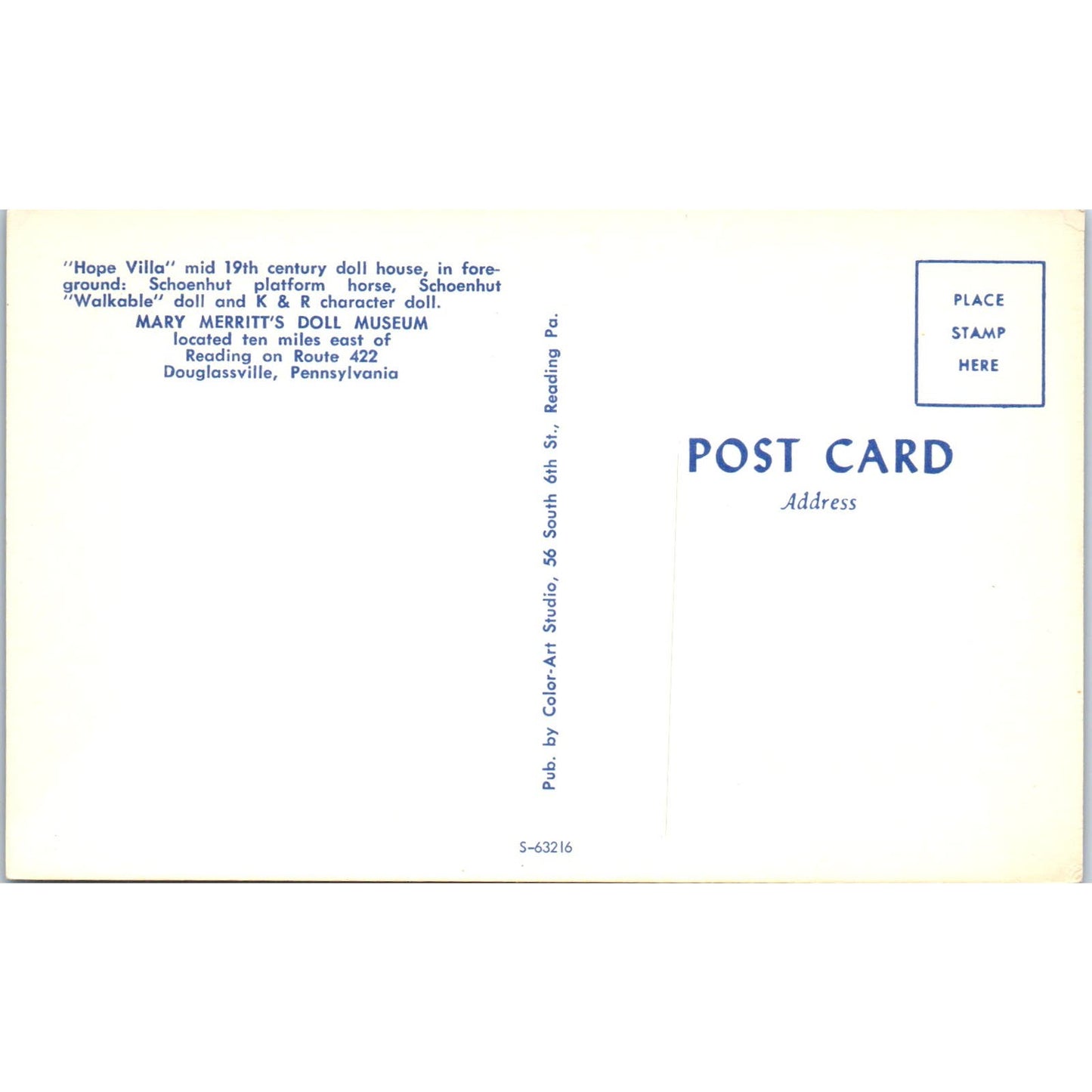 Hope Villa Doll House Mary Merritt's Doll Museum Douglassville PA Postcard PB4