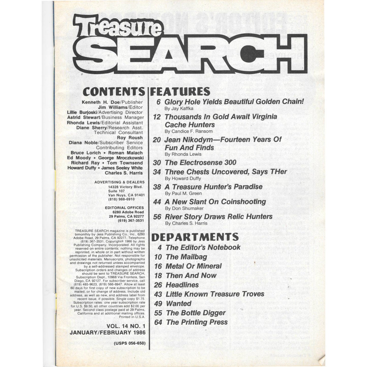Treasure Search Magazine 1986 Jan/Feb Metal Detecting Gold Diamonds M2