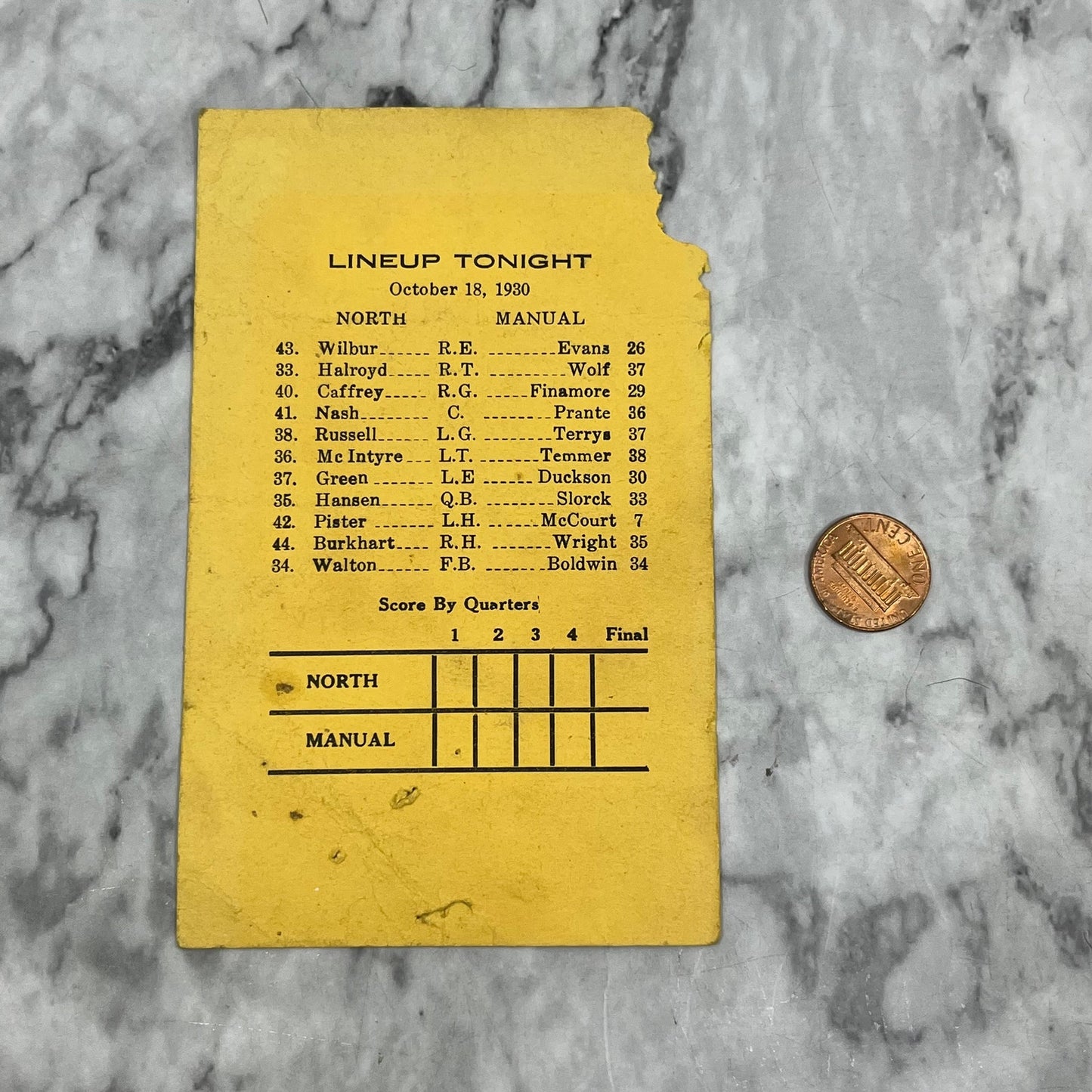 1930 North High School Vs. Manual High Denver Football Score Card P4-8